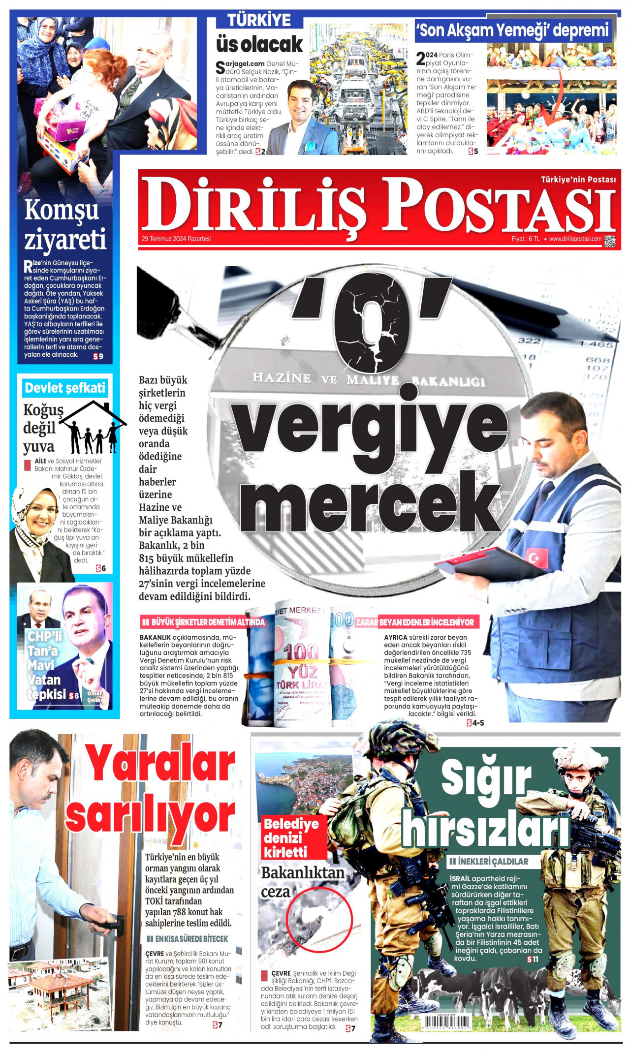 DİRİLİŞ POSTASI gazetesinin 29 Temmuz 2024 tarihli birinci sayfası