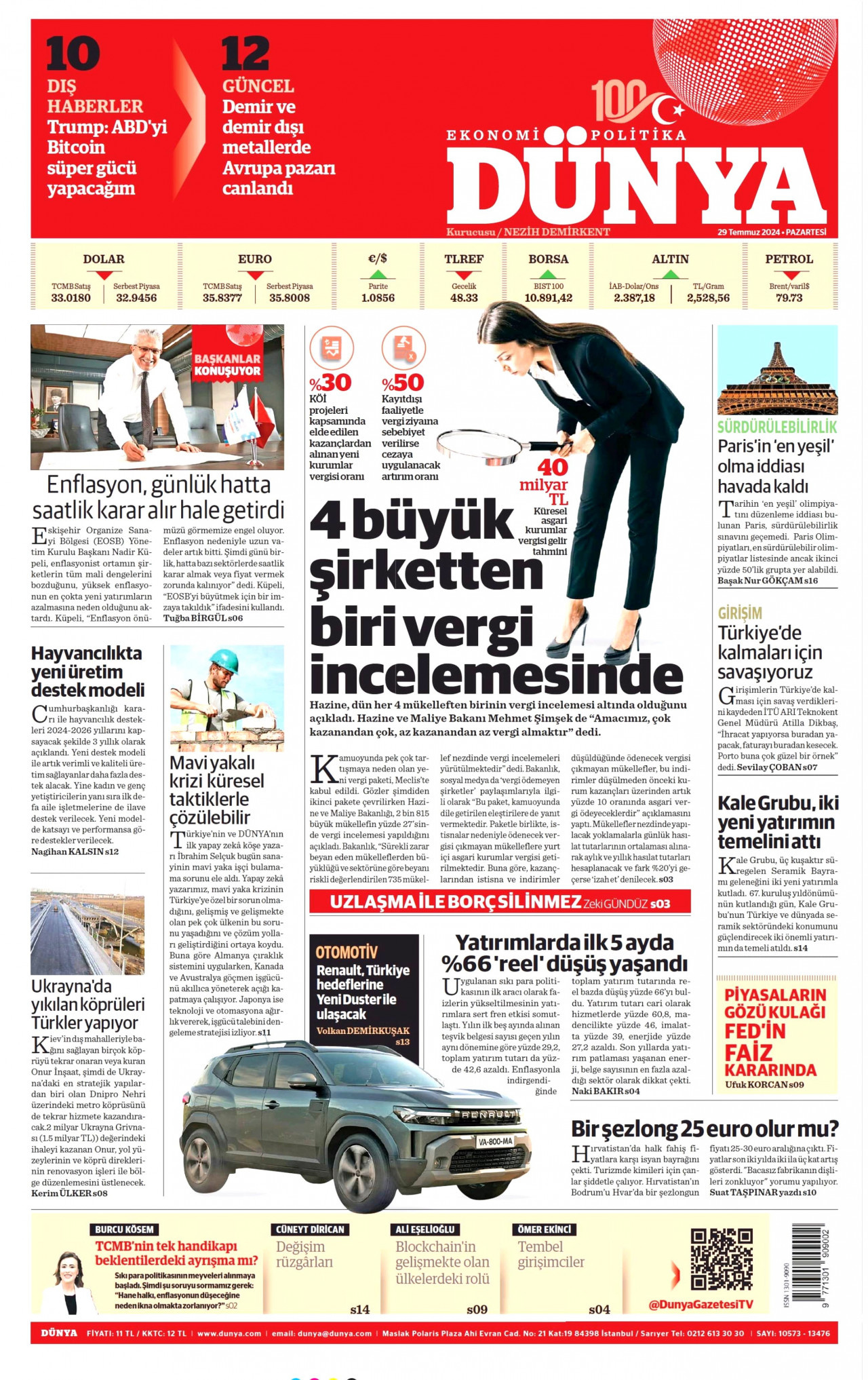 DÜNYA gazetesinin 29 Temmuz 2024 tarihli birinci sayfası