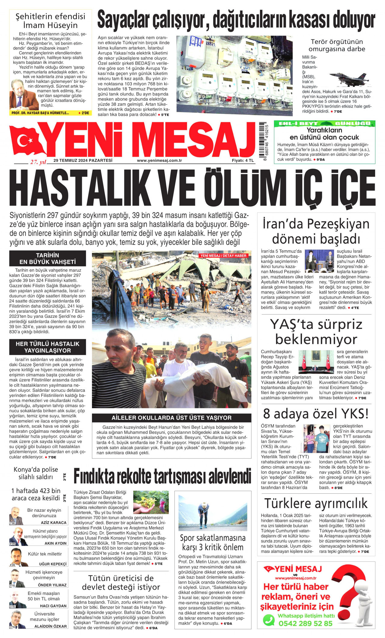YENİ MESAJ gazetesinin 29 Temmuz 2024 tarihli birinci sayfası