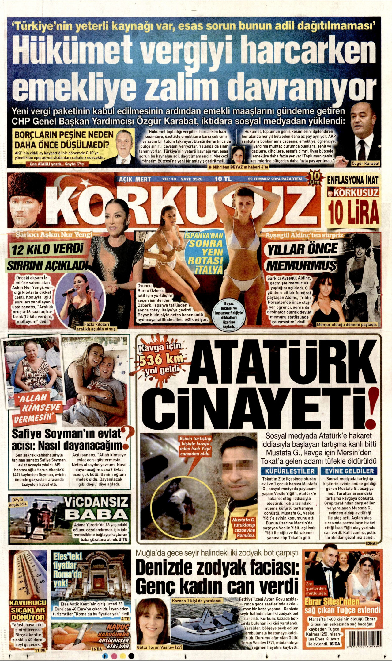 KORKUSUZ gazetesinin 29 Temmuz 2024 tarihli birinci sayfası