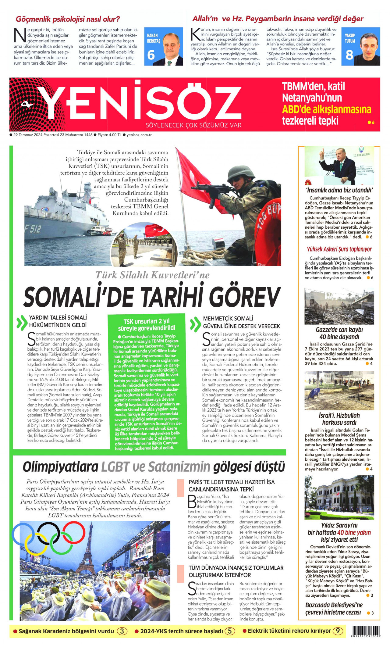 YENİ SÖZ GAZETESİ gazetesinin 29 Temmuz 2024 tarihli birinci sayfası