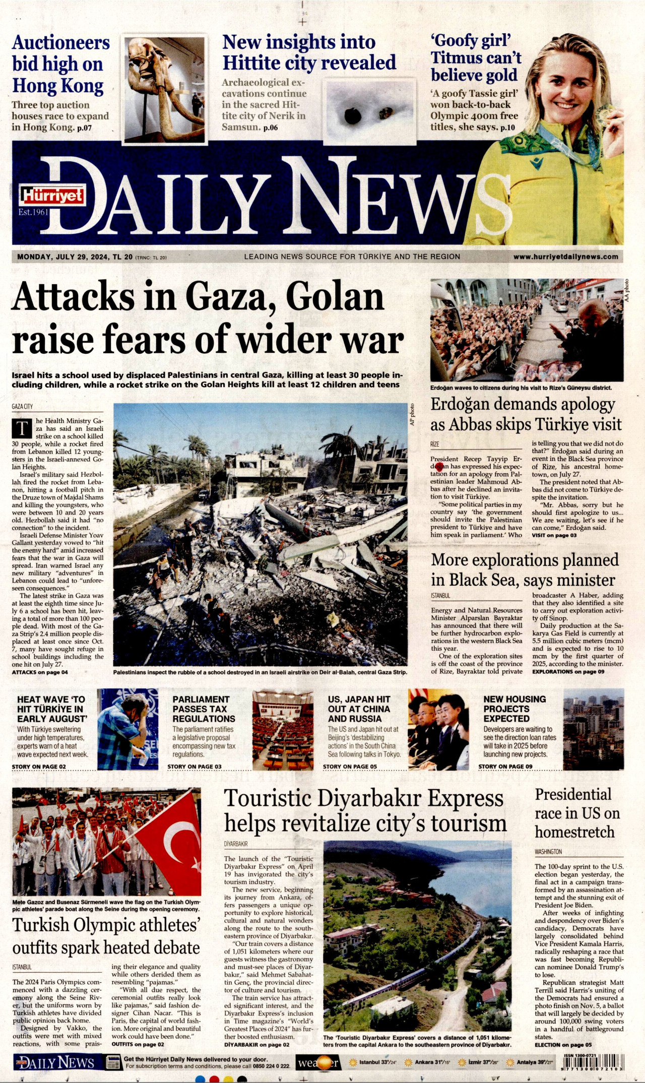 HÜRRİYET DAİLY NEWS gazetesinin 29 Temmuz 2024 tarihli birinci sayfası