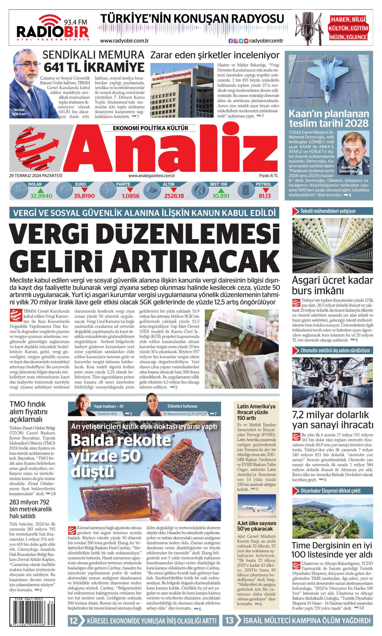 ANALİZ gazetesinin 29 Temmuz 2024 tarihli birinci sayfası