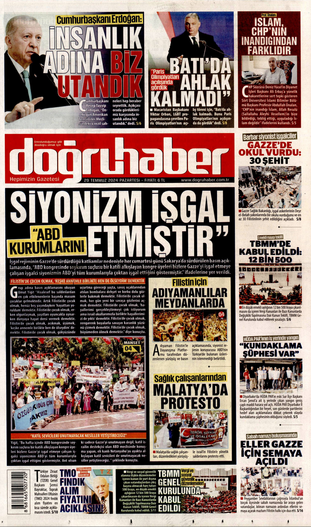 DOĞRU HABER gazetesinin 29 Temmuz 2024 tarihli birinci sayfası