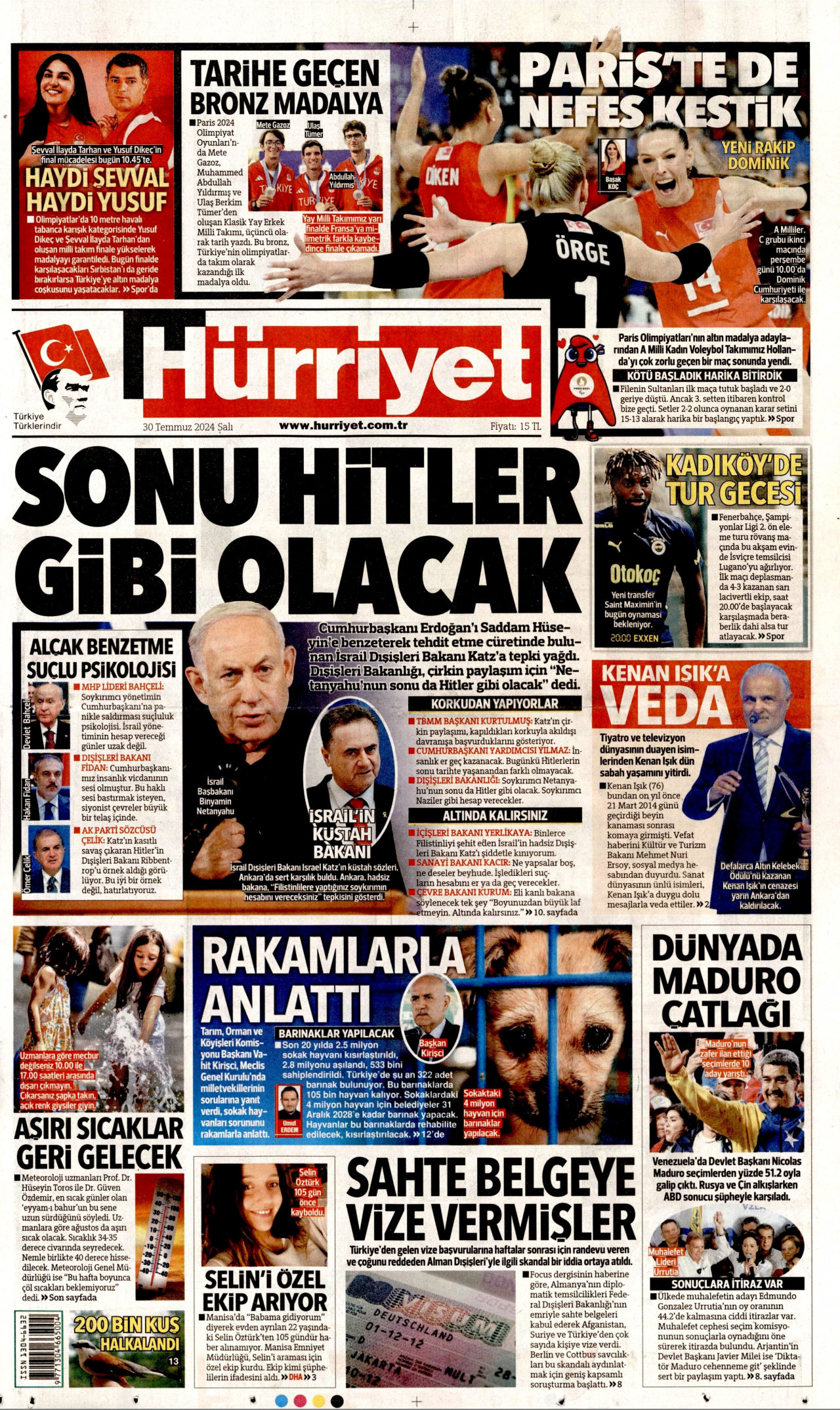 HÜRRİYET gazetesinin 30 Temmuz 2024 tarihli birinci sayfası