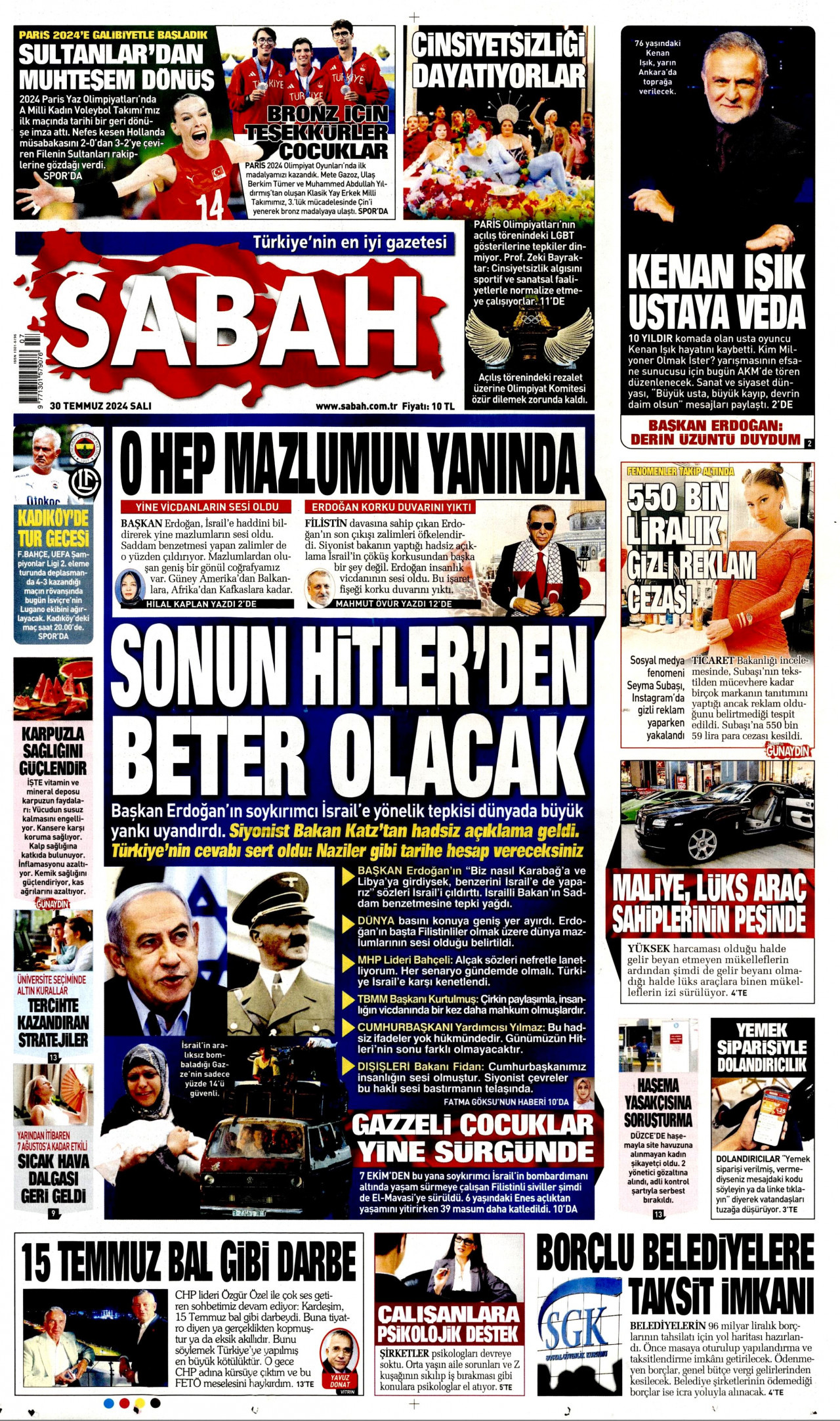 SABAH gazetesinin 30 Temmuz 2024 tarihli birinci sayfası