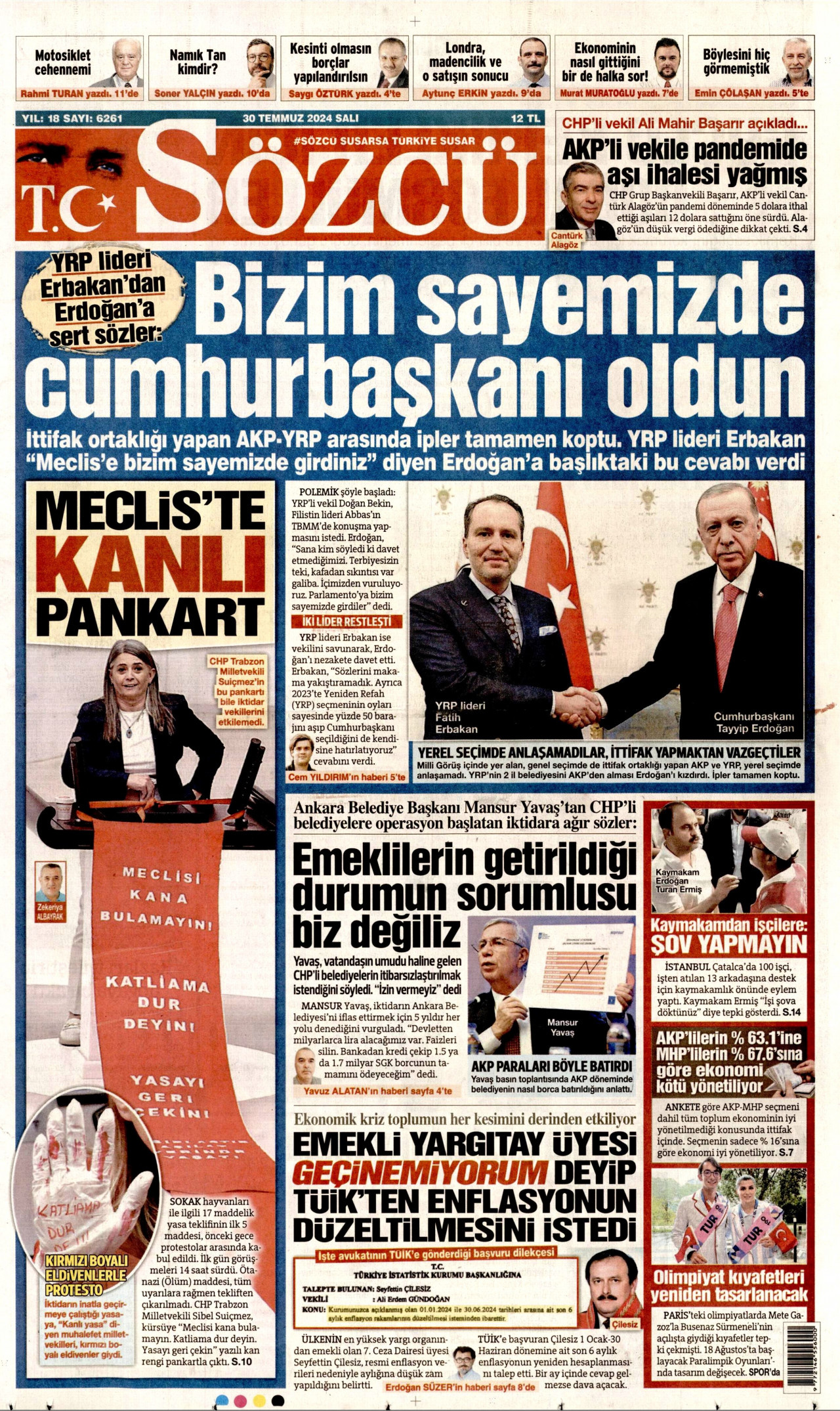 SÖZCÜ gazetesinin 30 Temmuz 2024 tarihli birinci sayfası