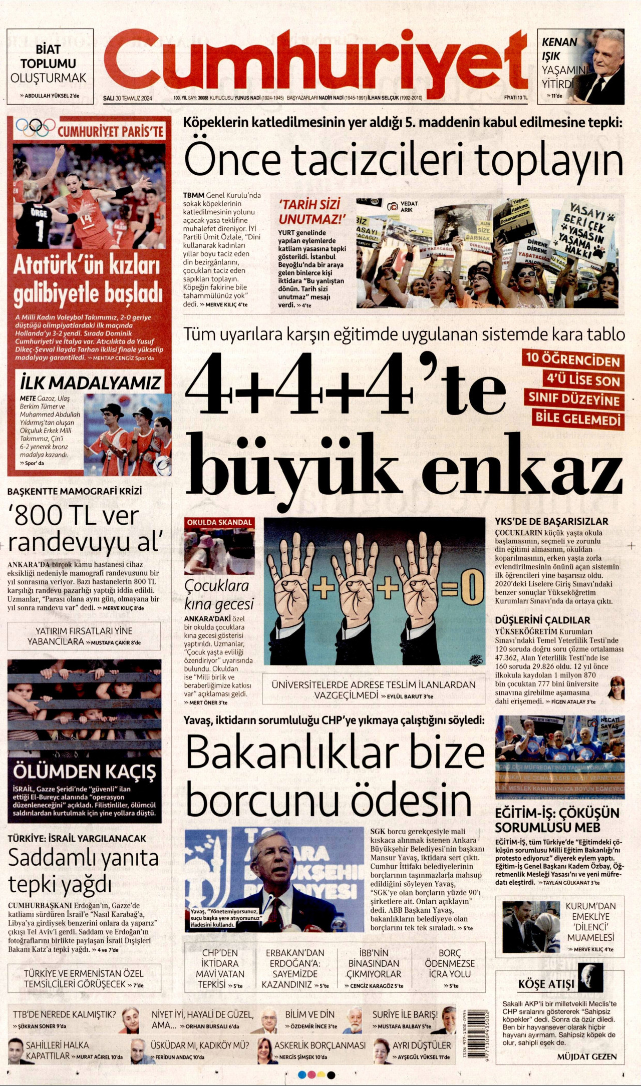 CUMHURİYET gazetesinin 30 Temmuz 2024 tarihli birinci sayfası