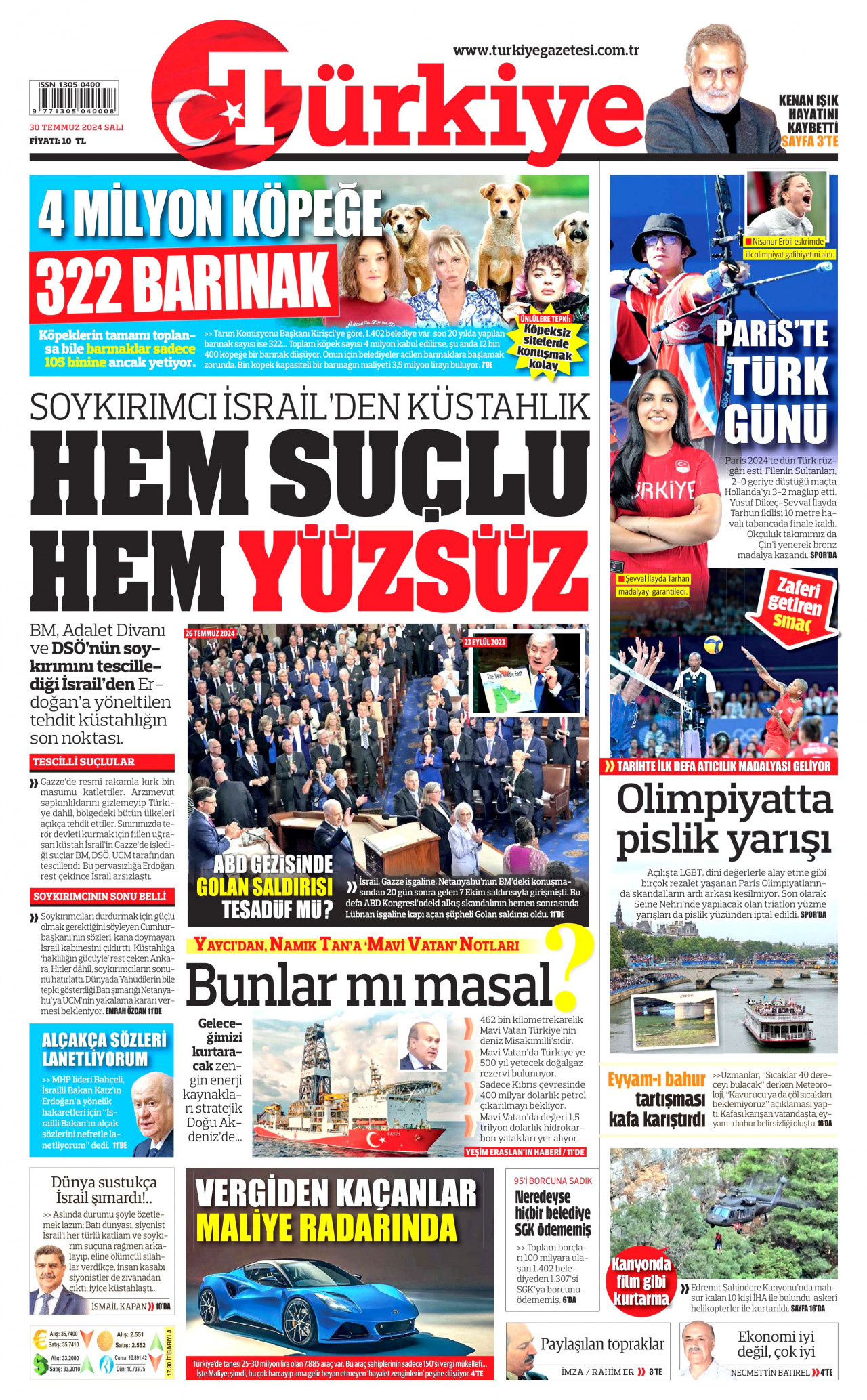 TÜRKİYE GAZETESİ gazetesinin 30 Temmuz 2024 tarihli birinci sayfası