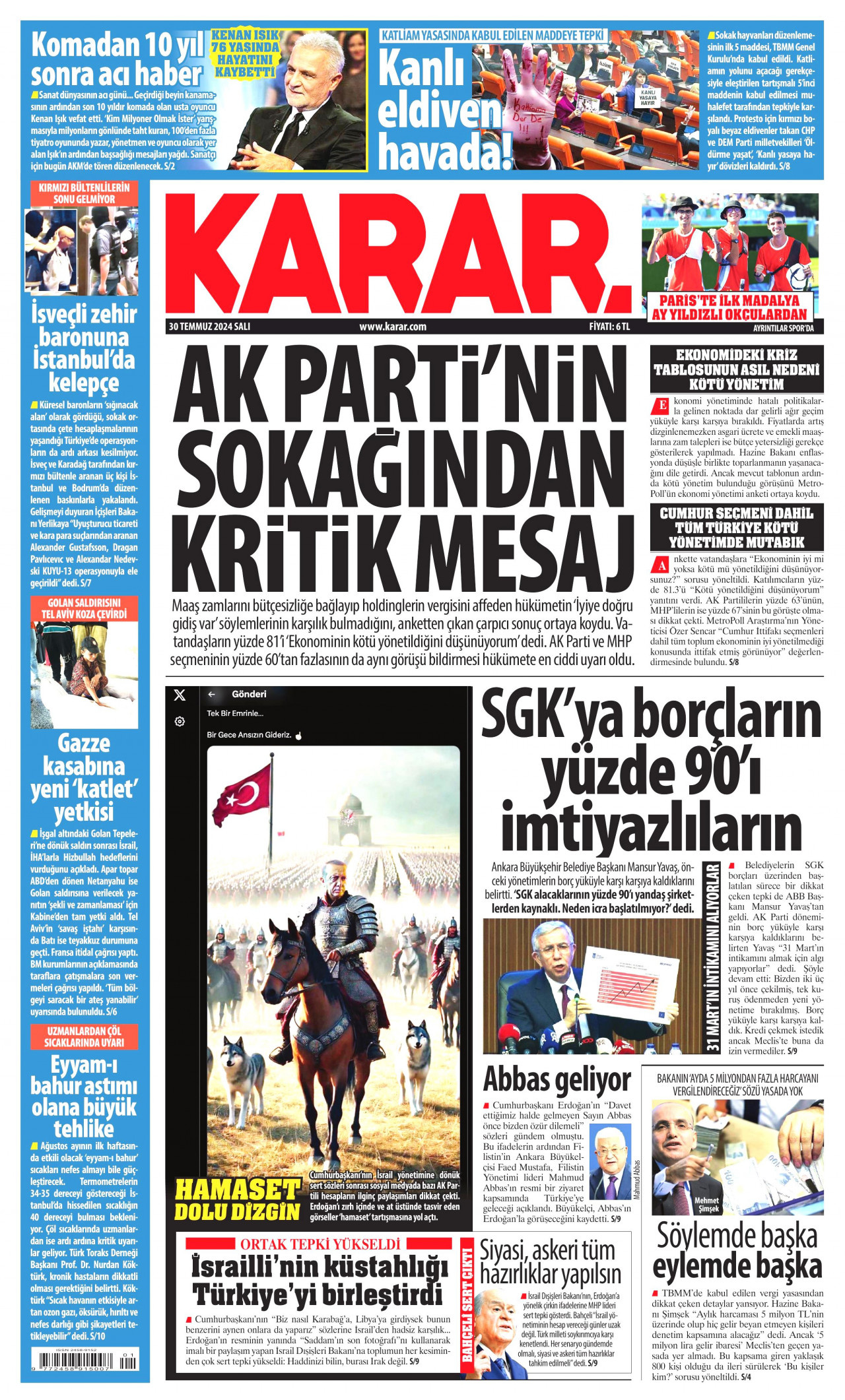 KARAR gazetesinin 30 Temmuz 2024 tarihli birinci sayfası