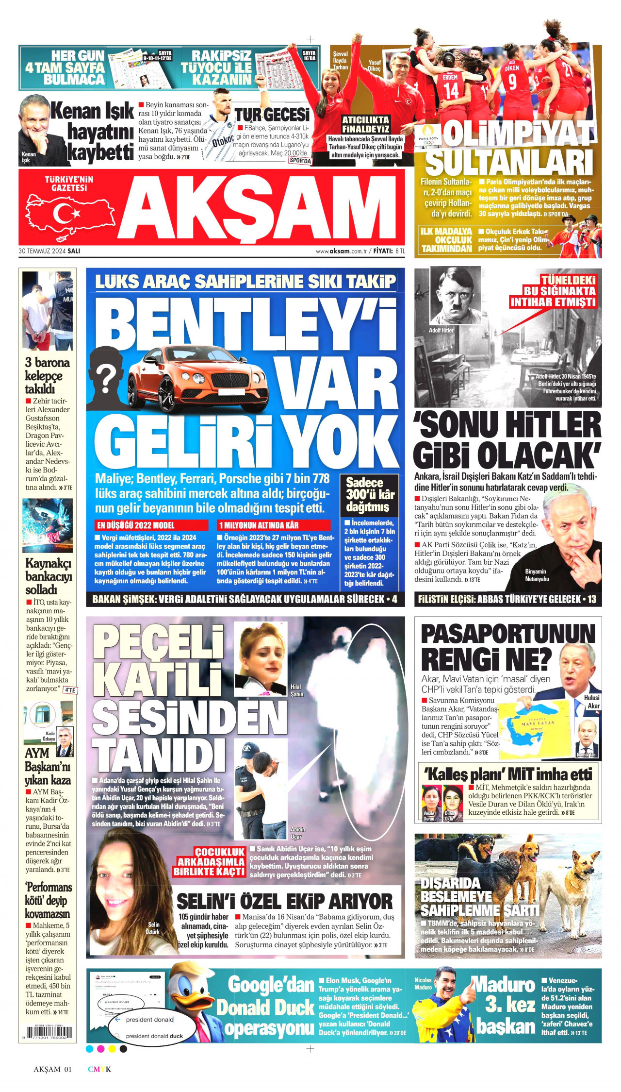 AKŞAM gazetesinin 30 Temmuz 2024 tarihli birinci sayfası
