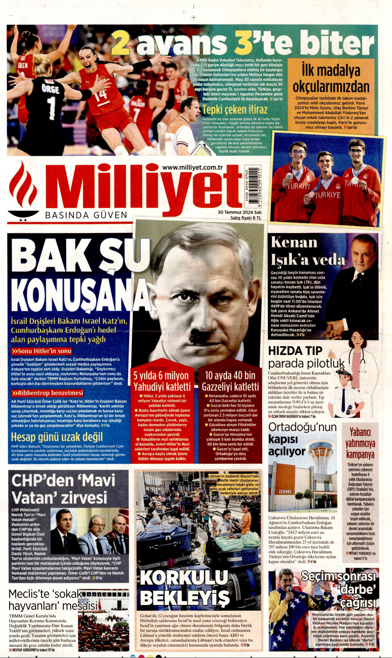 MİLLİYET gazetesinin 30 Temmuz 2024 tarihli birinci sayfası