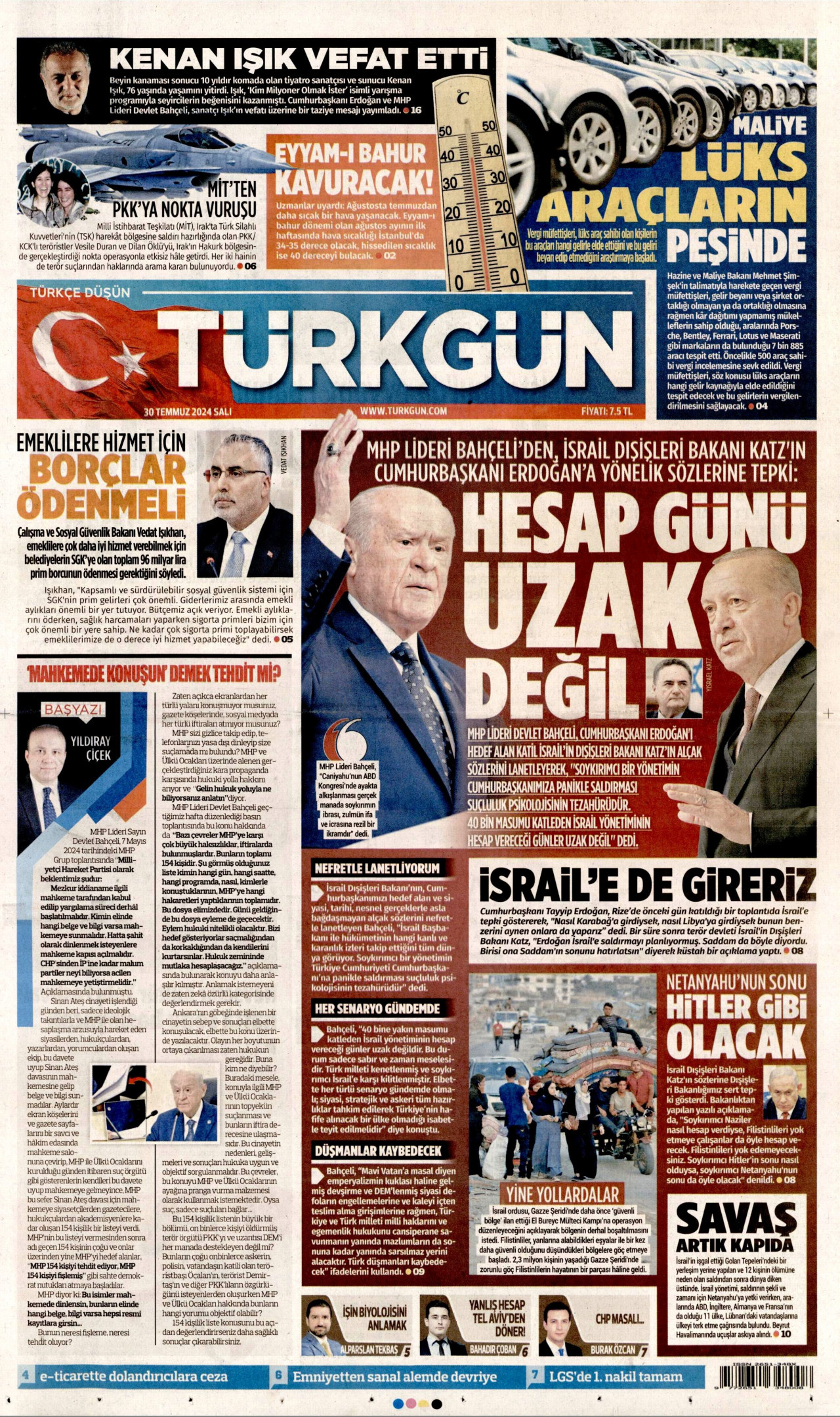 TÜRKGÜN gazetesinin 30 Temmuz 2024 tarihli birinci sayfası