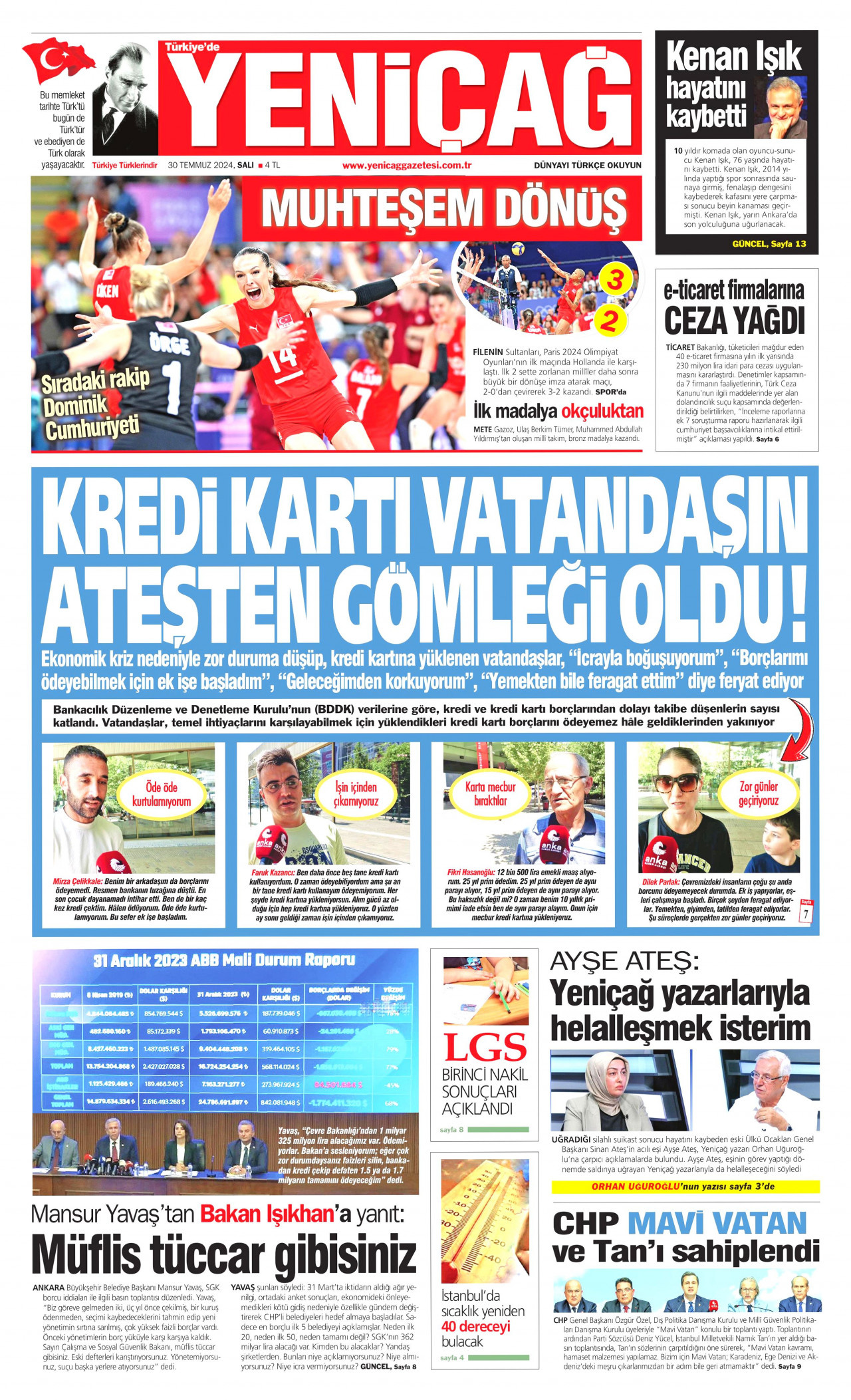 YENİÇAĞ gazetesinin 30 Temmuz 2024 tarihli birinci sayfası