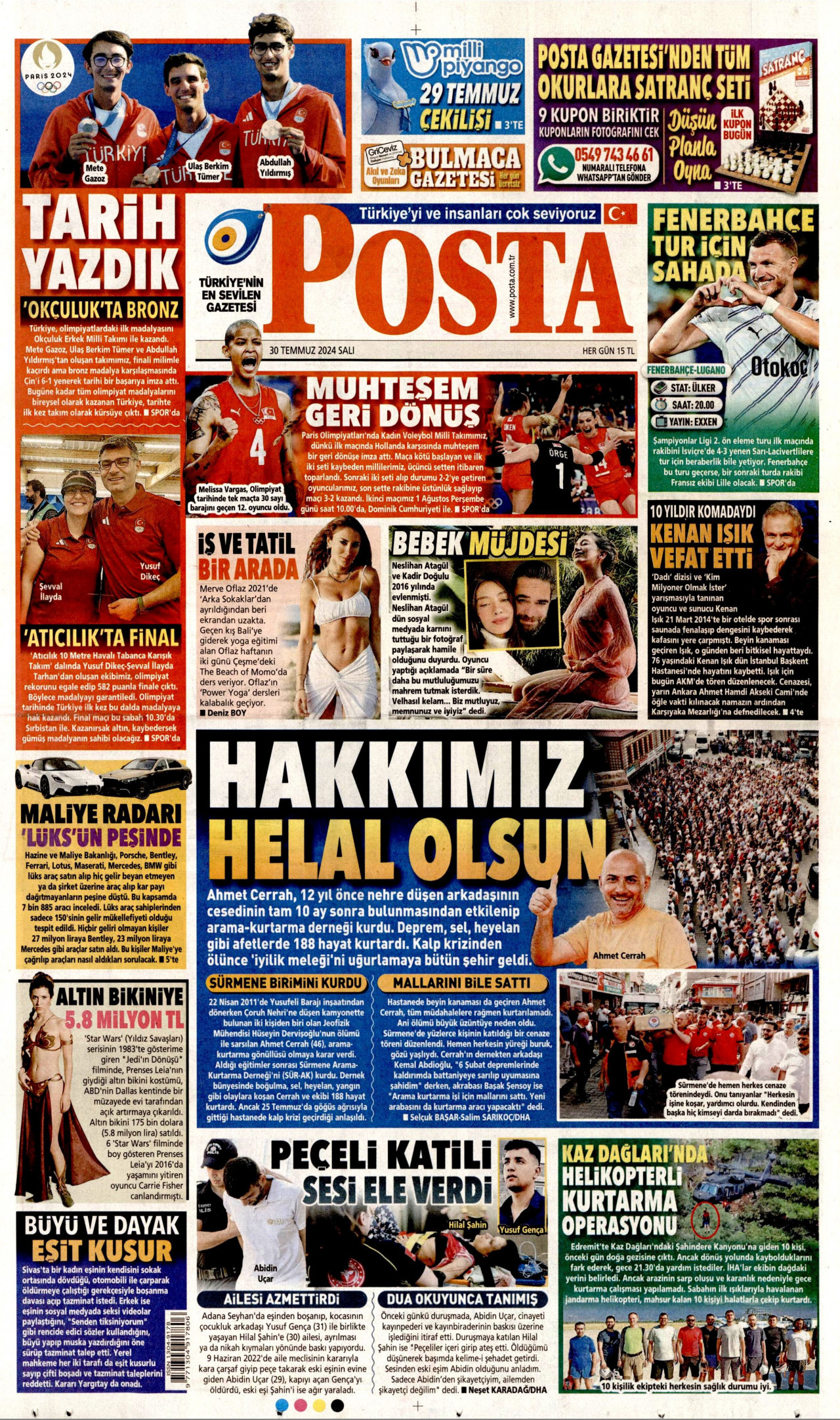 POSTA gazetesinin 30 Temmuz 2024 tarihli birinci sayfası