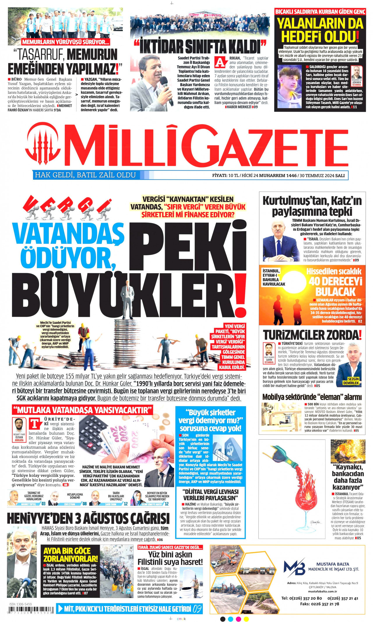 MİLLİ GAZETE gazetesinin 30 Temmuz 2024 tarihli birinci sayfası