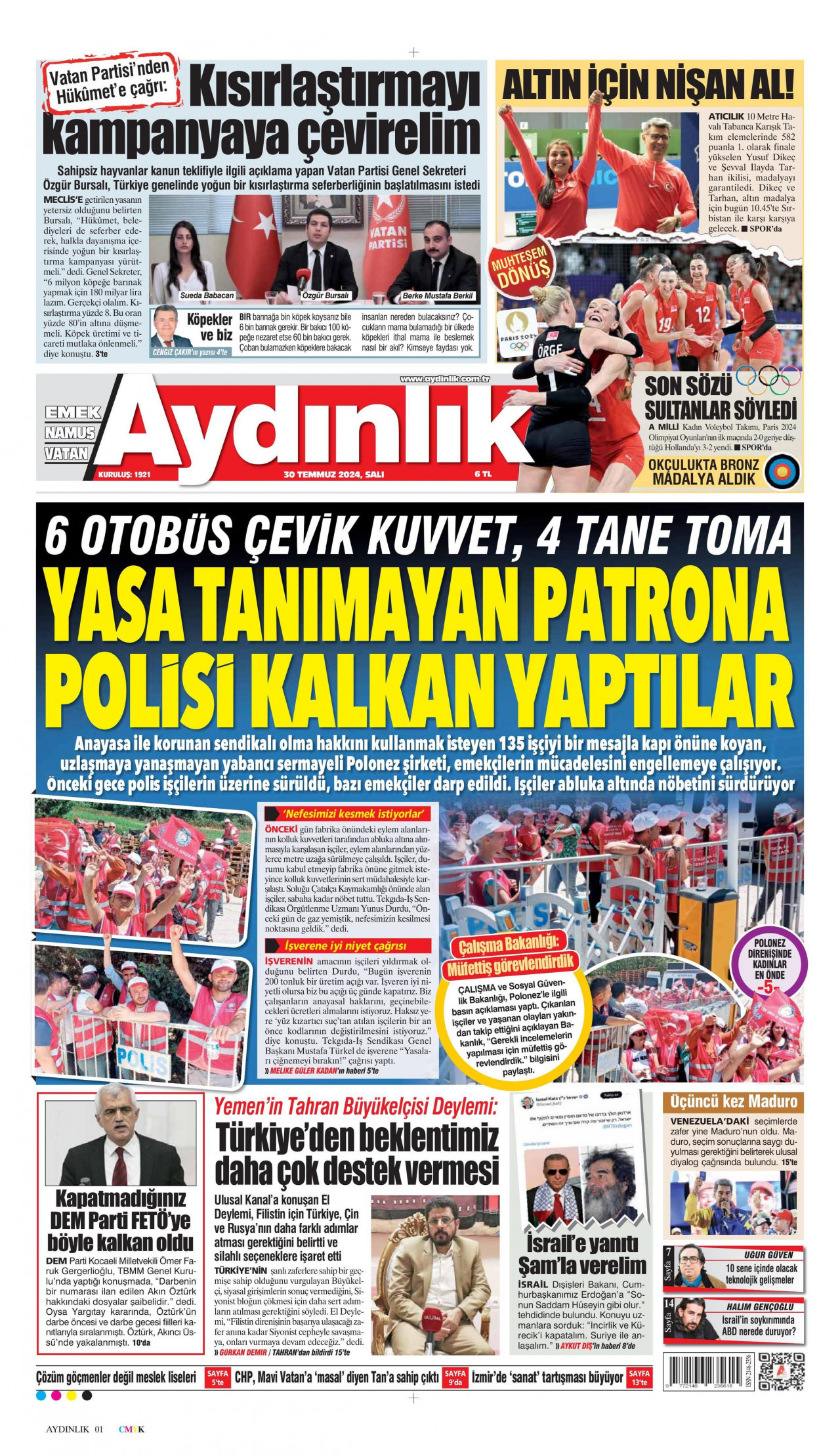 AYDINLIK GAZETESİ gazetesinin 30 Temmuz 2024 tarihli birinci sayfası