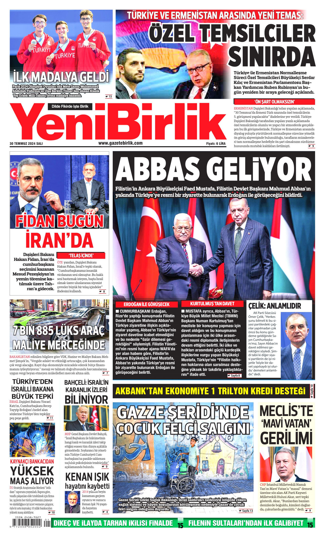 YENİBİRLİK gazetesinin 30 Temmuz 2024 tarihli birinci sayfası