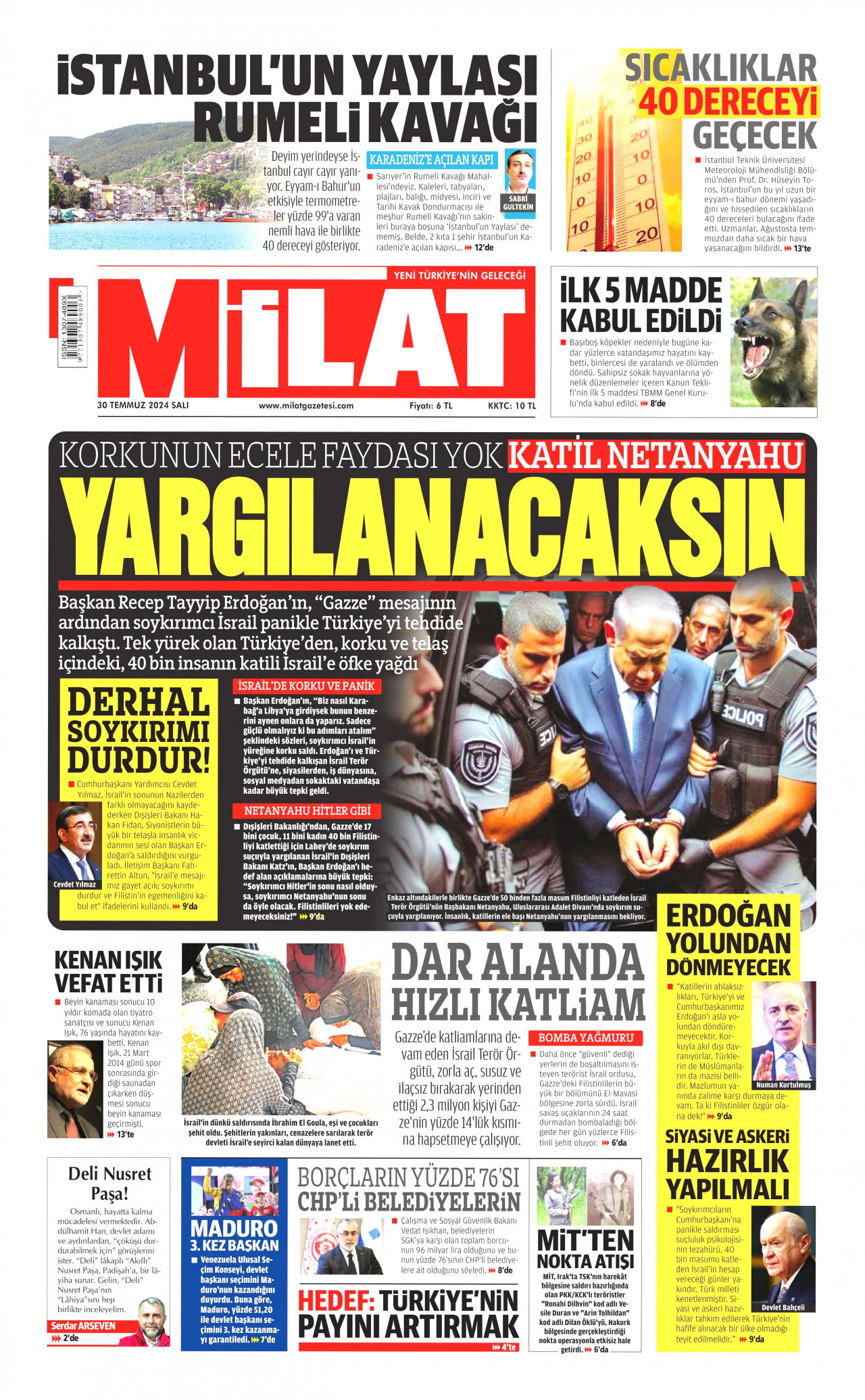 MİLAT gazetesinin 30 Temmuz 2024 tarihli birinci sayfası