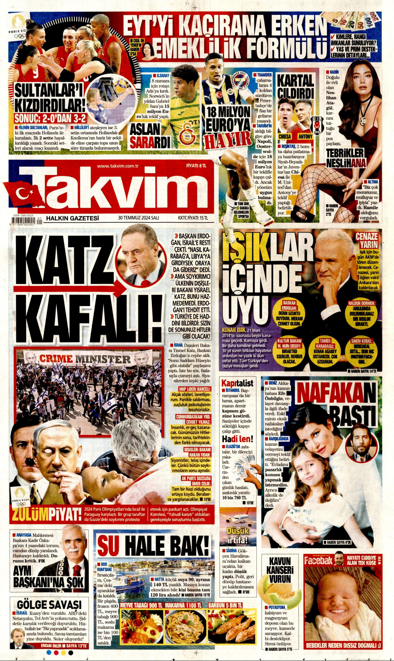TAKVİM gazetesinin 30 Temmuz 2024 tarihli birinci sayfası