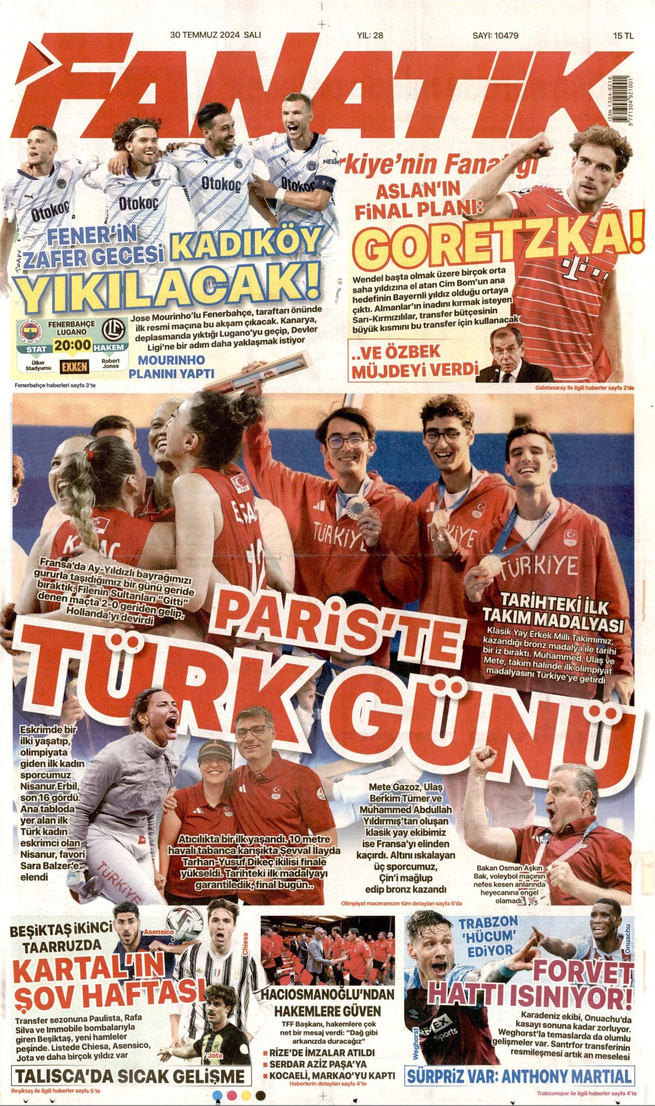 FANATİK gazetesinin 30 Temmuz 2024 tarihli birinci sayfası