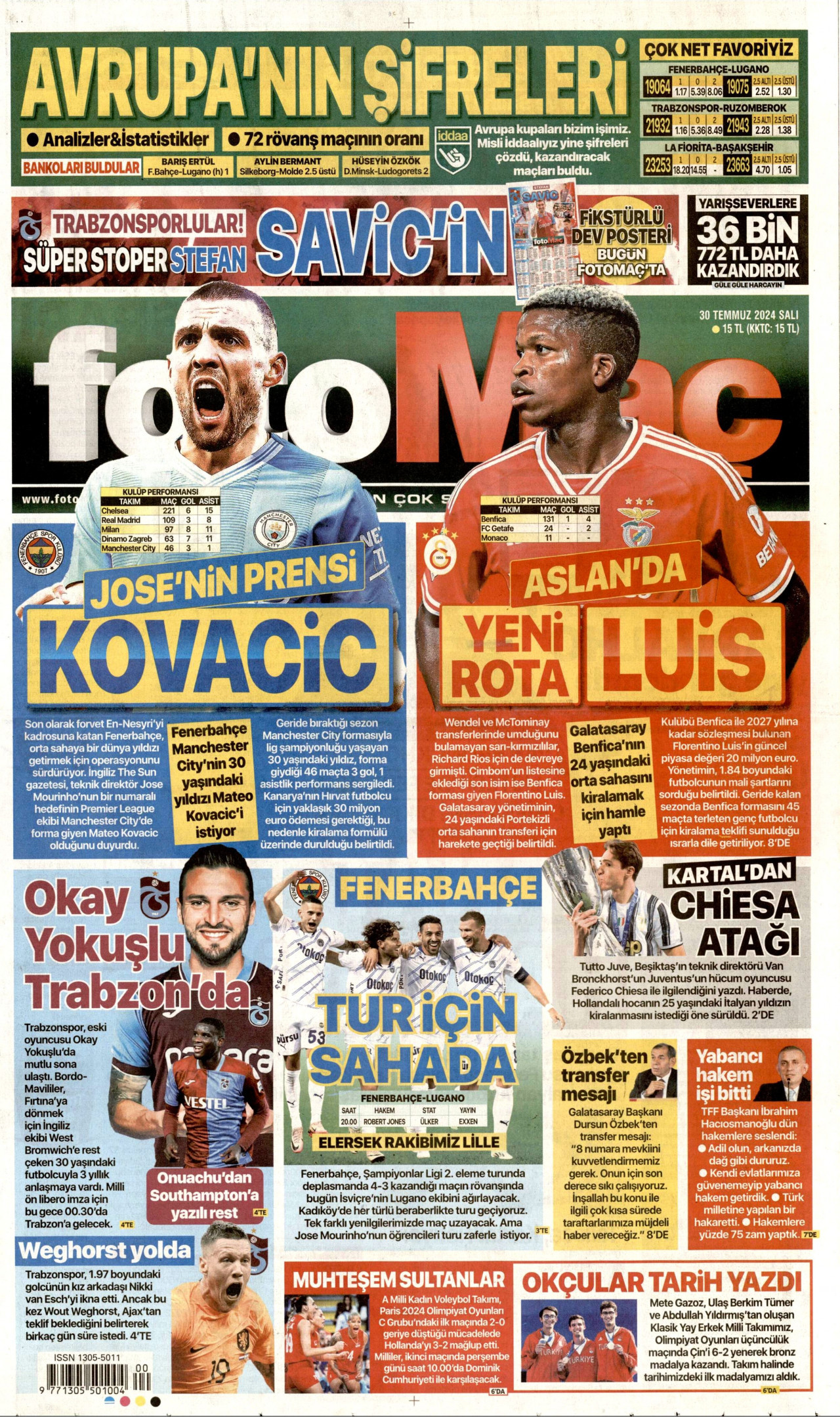 FOTOMAÇ gazetesinin 30 Temmuz 2024 tarihli birinci sayfası