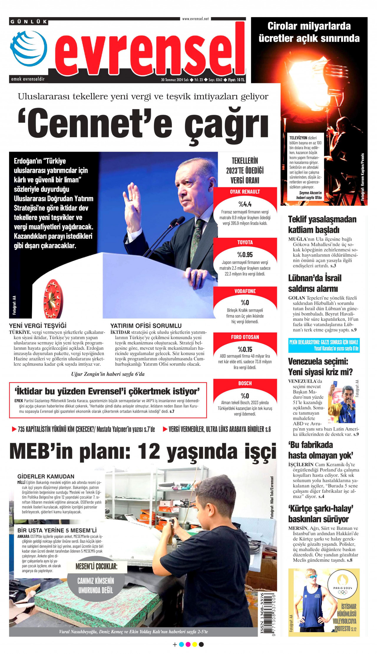 EVRENSEL gazetesinin 30 Temmuz 2024 tarihli birinci sayfası