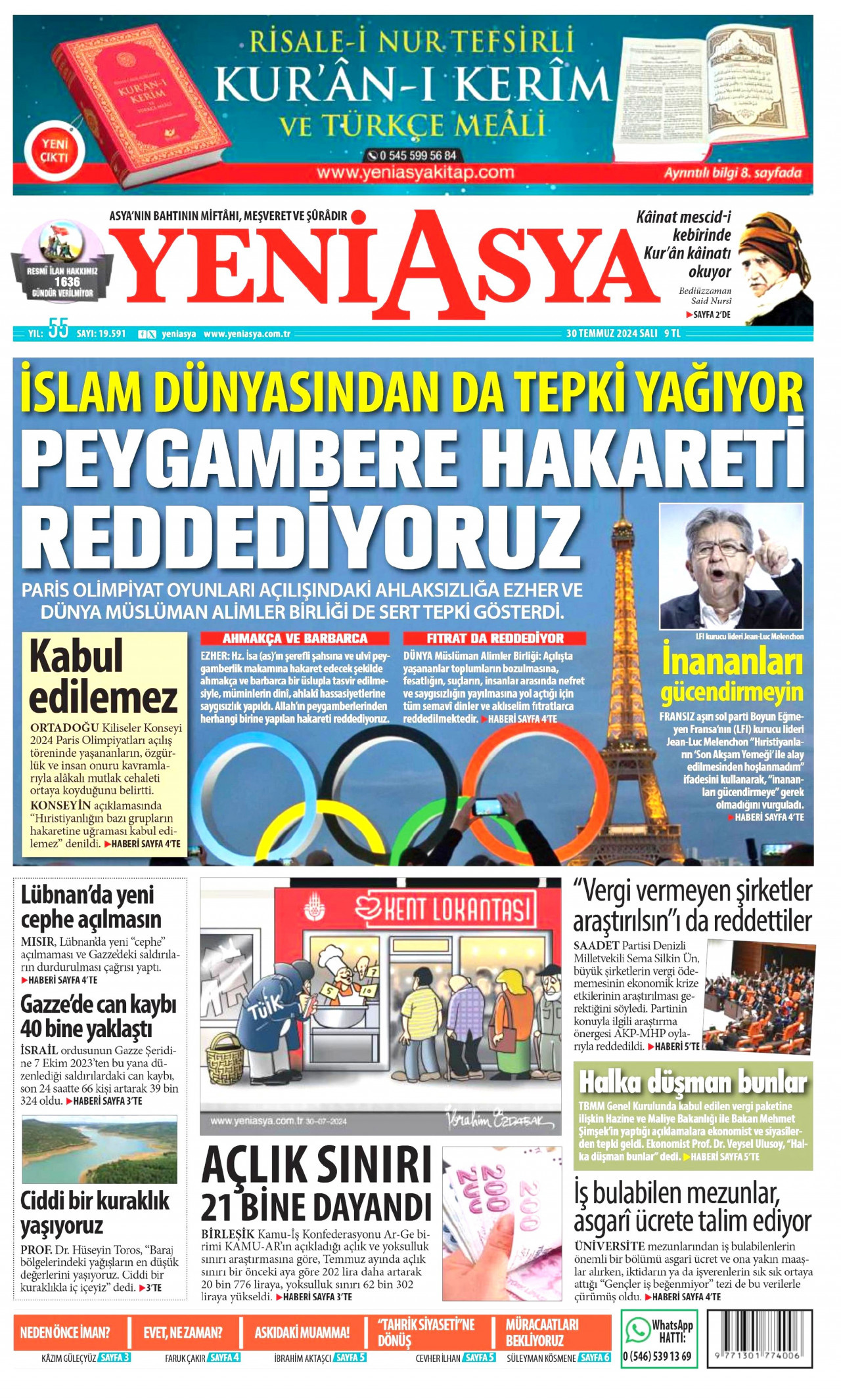 YENİ ASYA gazetesinin 30 Temmuz 2024 tarihli birinci sayfası