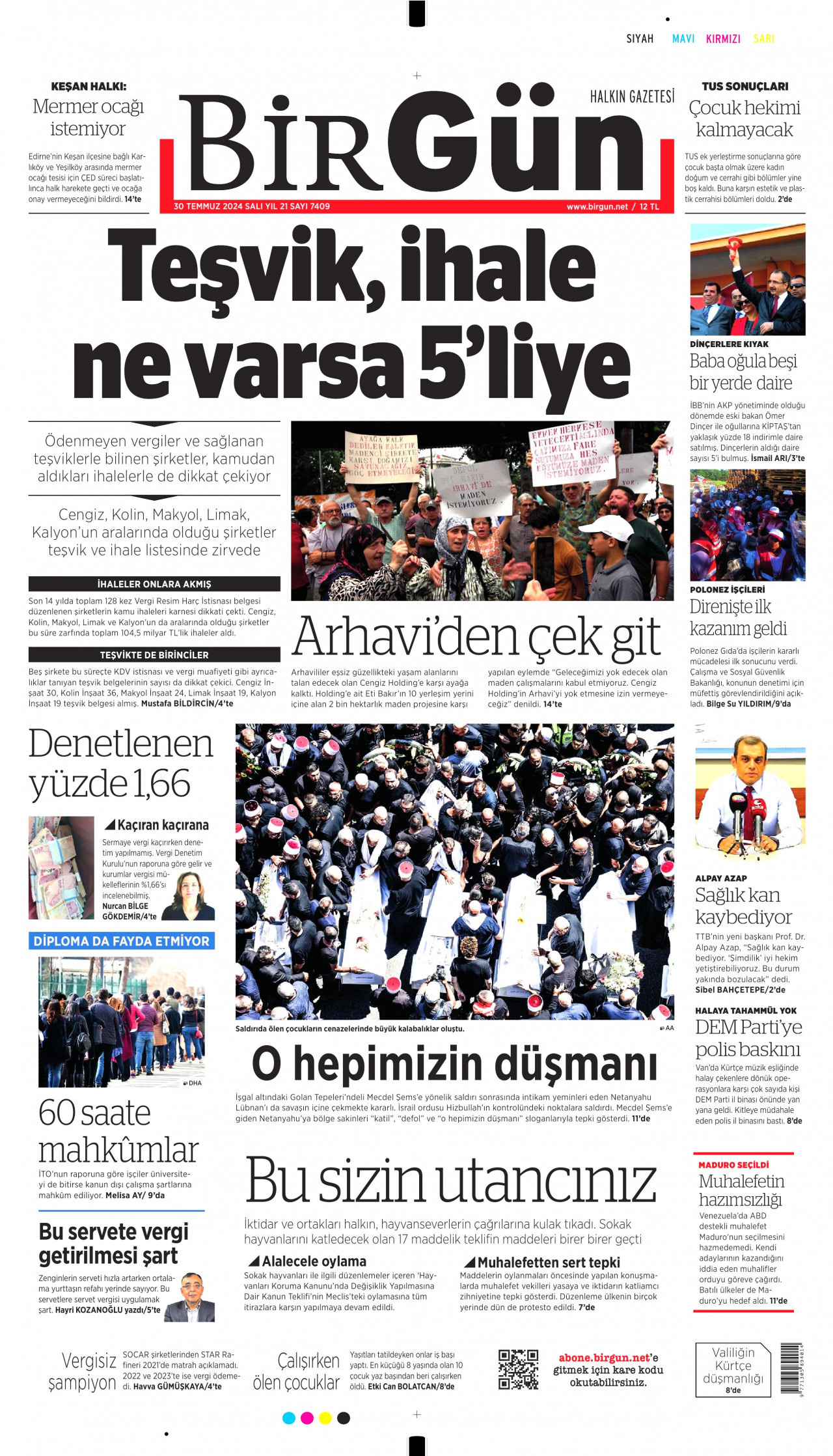 BİRGÜN gazetesinin 30 Temmuz 2024 tarihli birinci sayfası