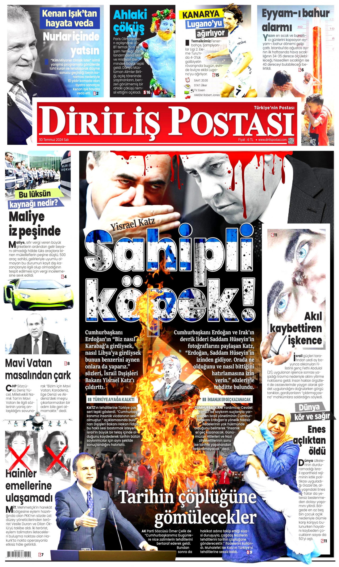 DİRİLİŞ POSTASI gazetesinin 30 Temmuz 2024 tarihli birinci sayfası
