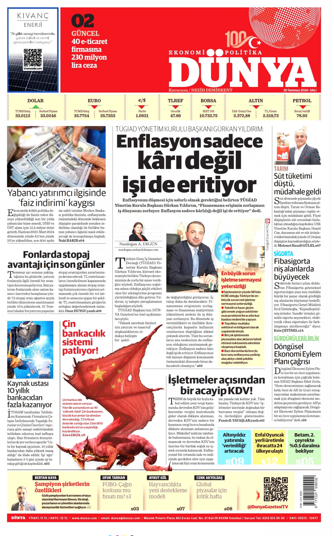 DÜNYA gazetesinin 30 Temmuz 2024 tarihli birinci sayfası
