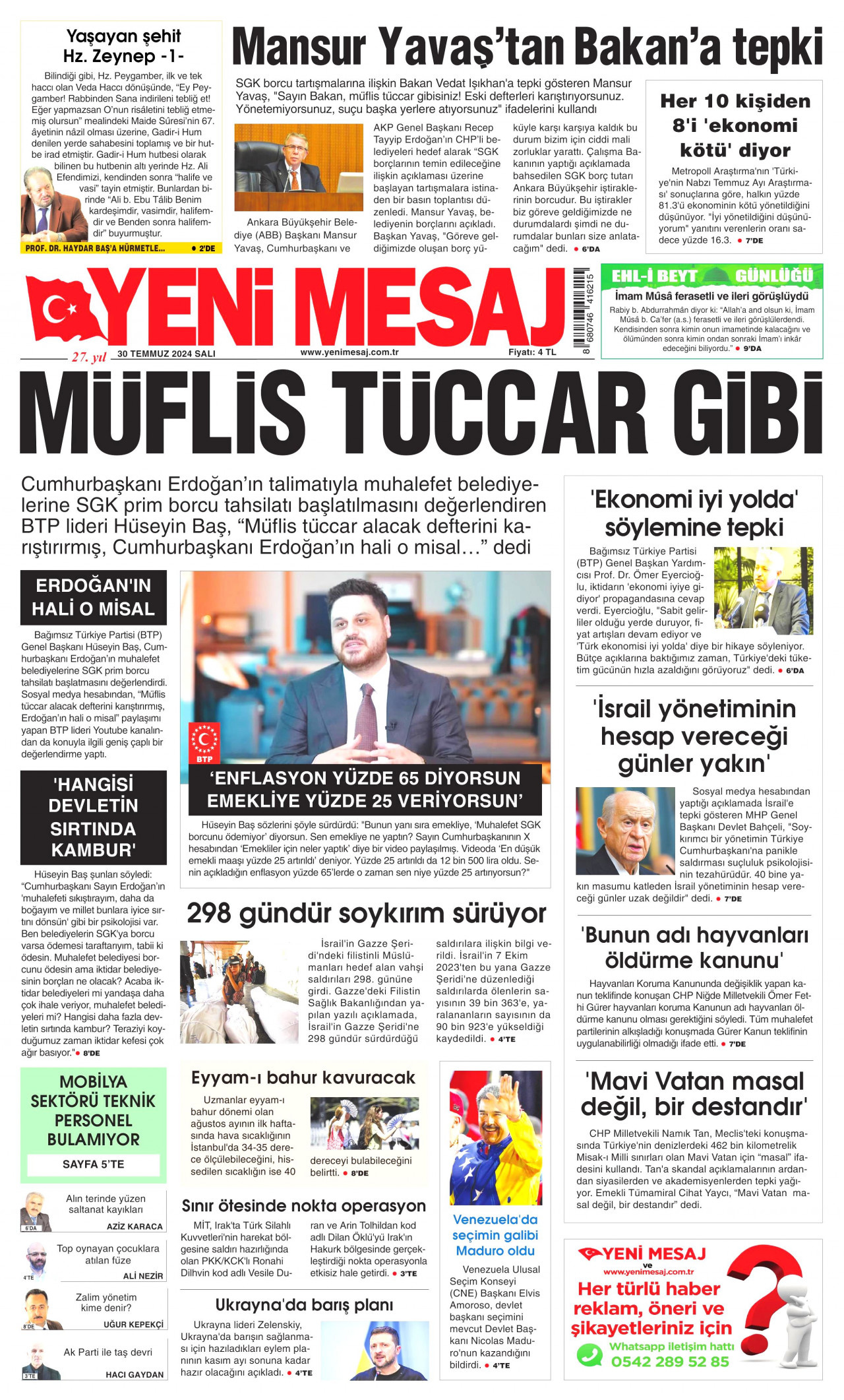 YENİ MESAJ gazetesinin 30 Temmuz 2024 tarihli birinci sayfası
