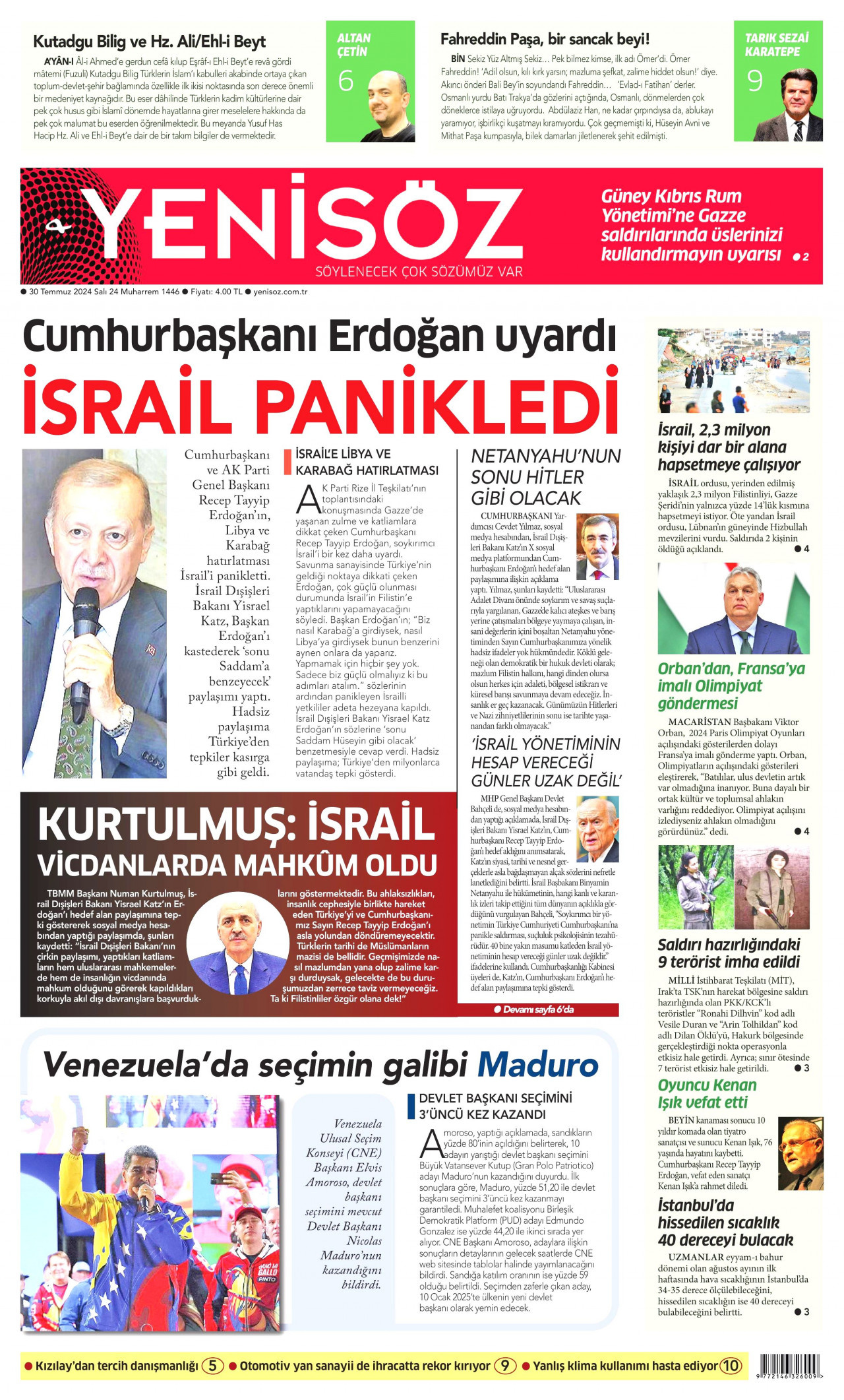 YENİ SÖZ GAZETESİ gazetesinin 30 Temmuz 2024 tarihli birinci sayfası