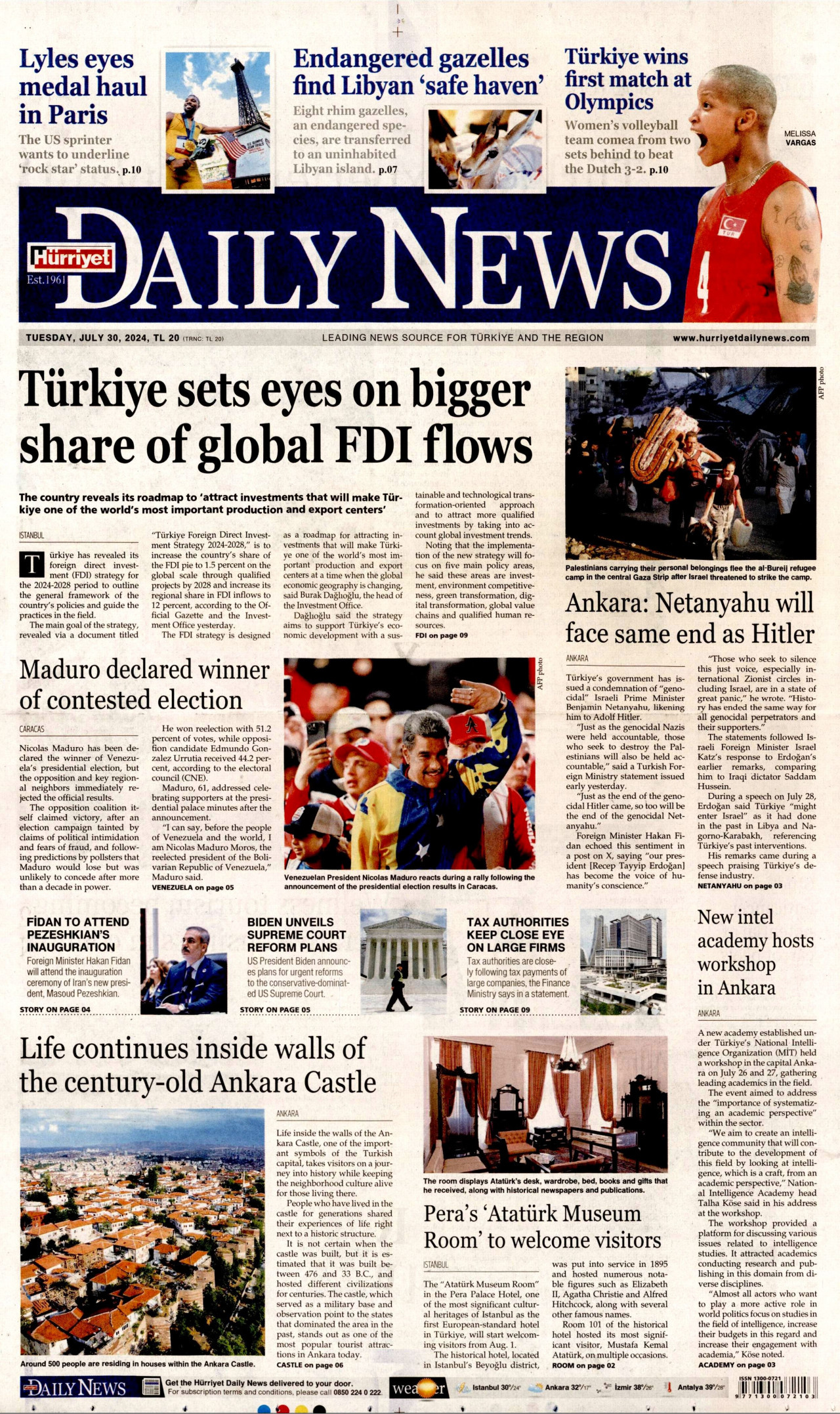 HÜRRİYET DAİLY NEWS gazetesinin 30 Temmuz 2024 tarihli birinci sayfası