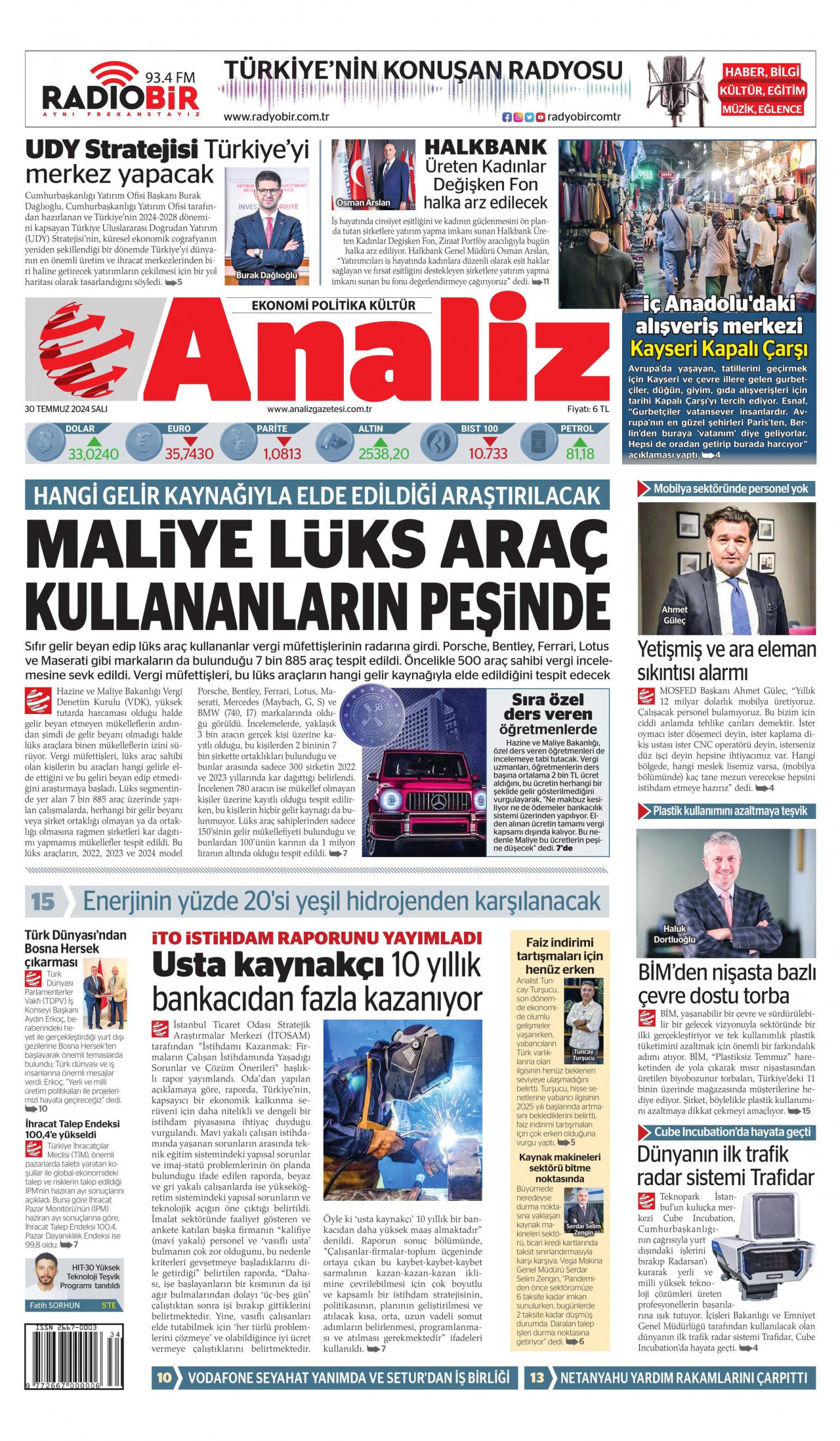 ANALİZ gazetesinin 30 Temmuz 2024 tarihli birinci sayfası