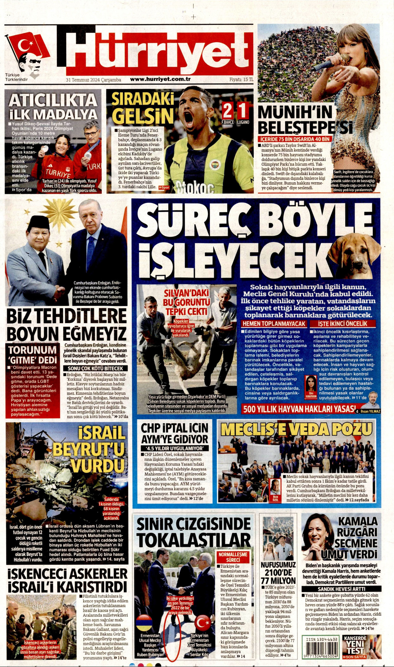 HÜRRİYET gazetesinin 31 Temmuz 2024 tarihli birinci sayfası