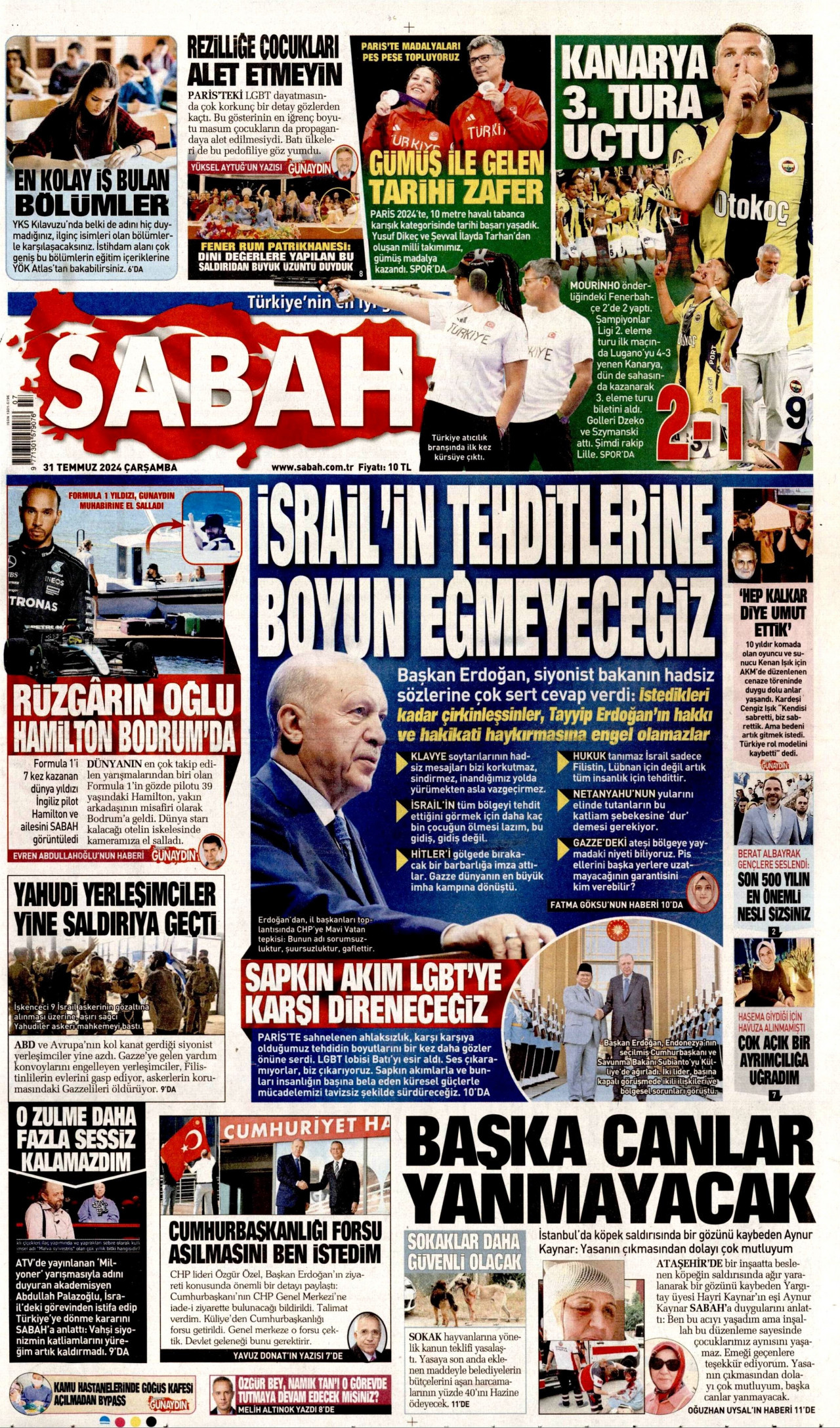 SABAH gazetesinin 31 Temmuz 2024 tarihli birinci sayfası