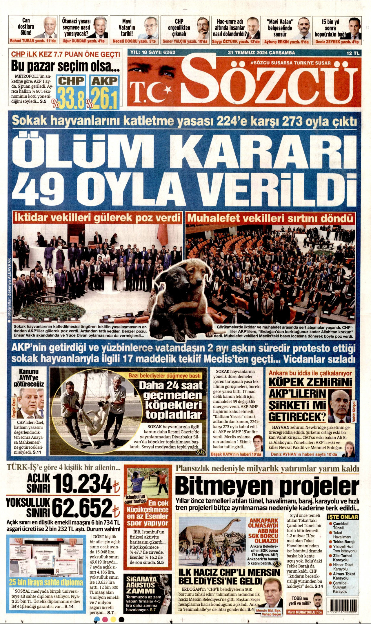 SÖZCÜ gazetesinin 31 Temmuz 2024 tarihli birinci sayfası