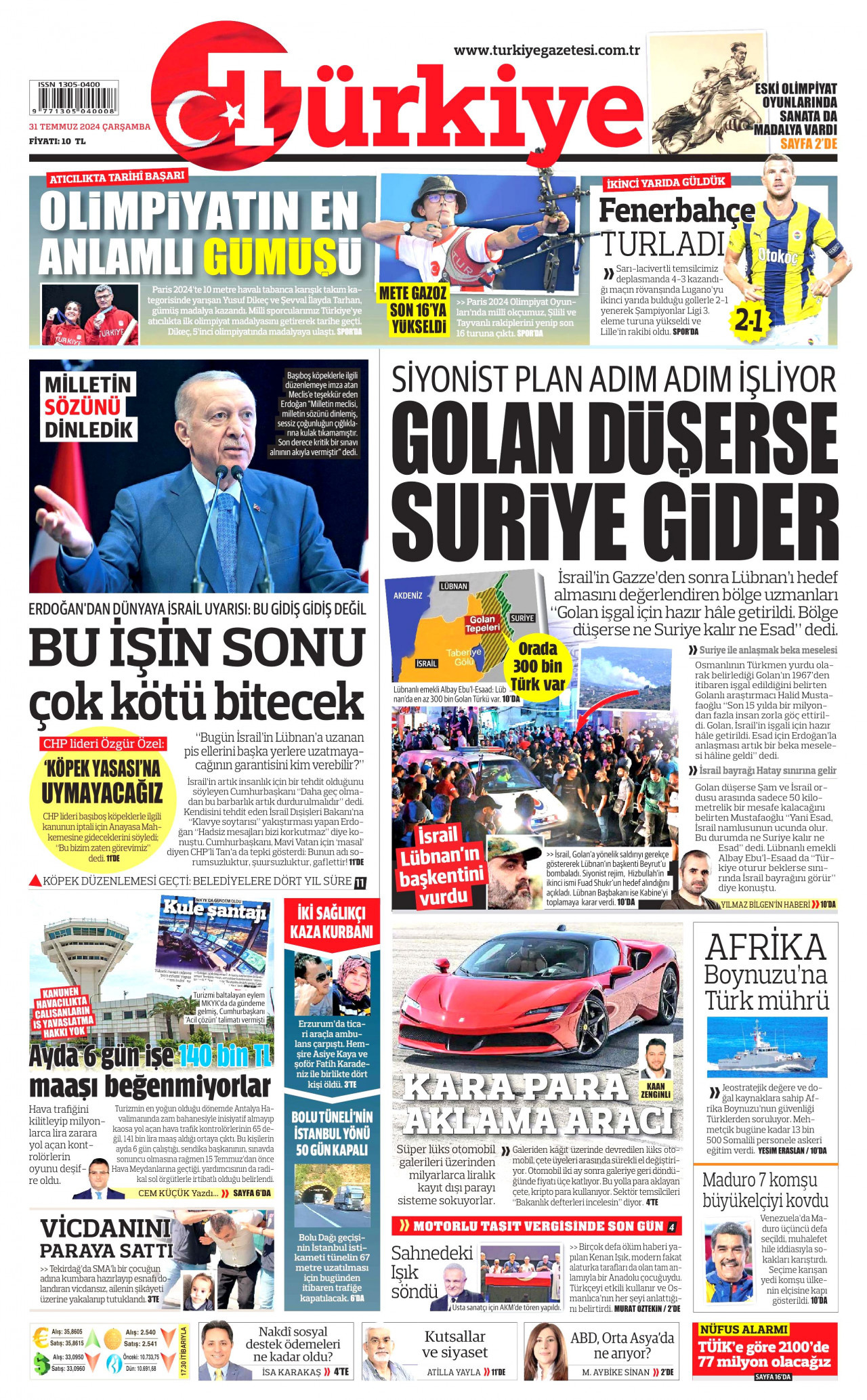 TÜRKİYE GAZETESİ gazetesinin 31 Temmuz 2024 tarihli birinci sayfası