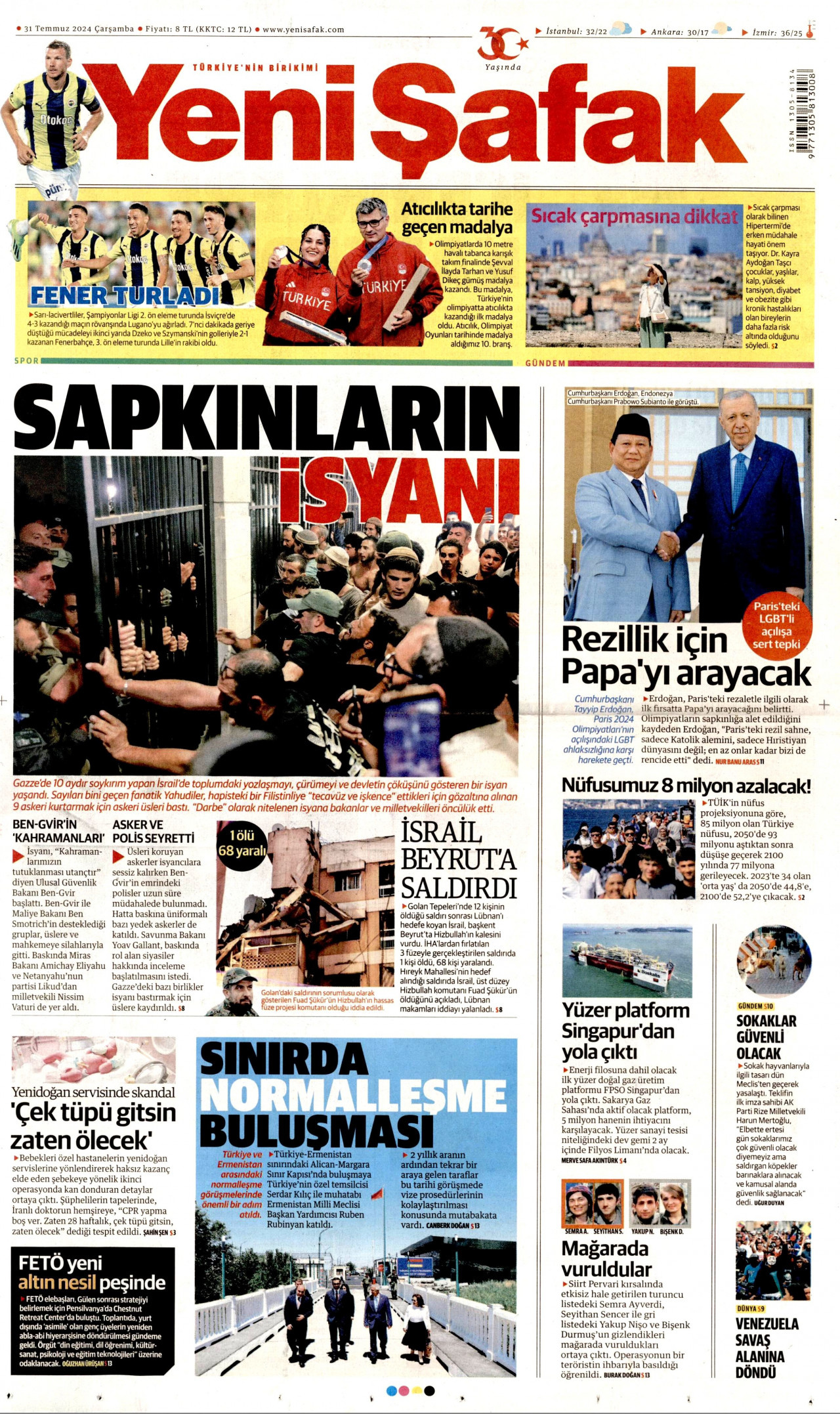 YENİ ŞAFAK gazetesinin 31 Temmuz 2024 tarihli birinci sayfası