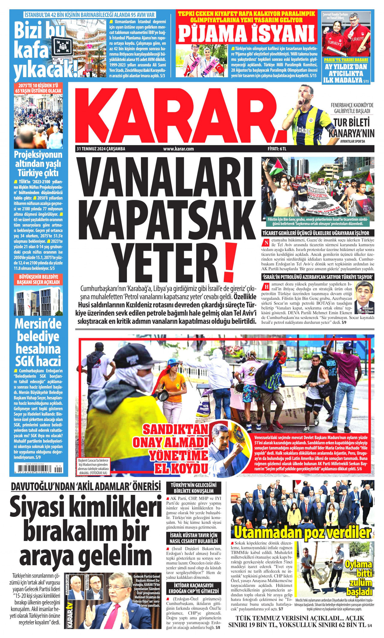 KARAR gazetesinin 31 Temmuz 2024 tarihli birinci sayfası