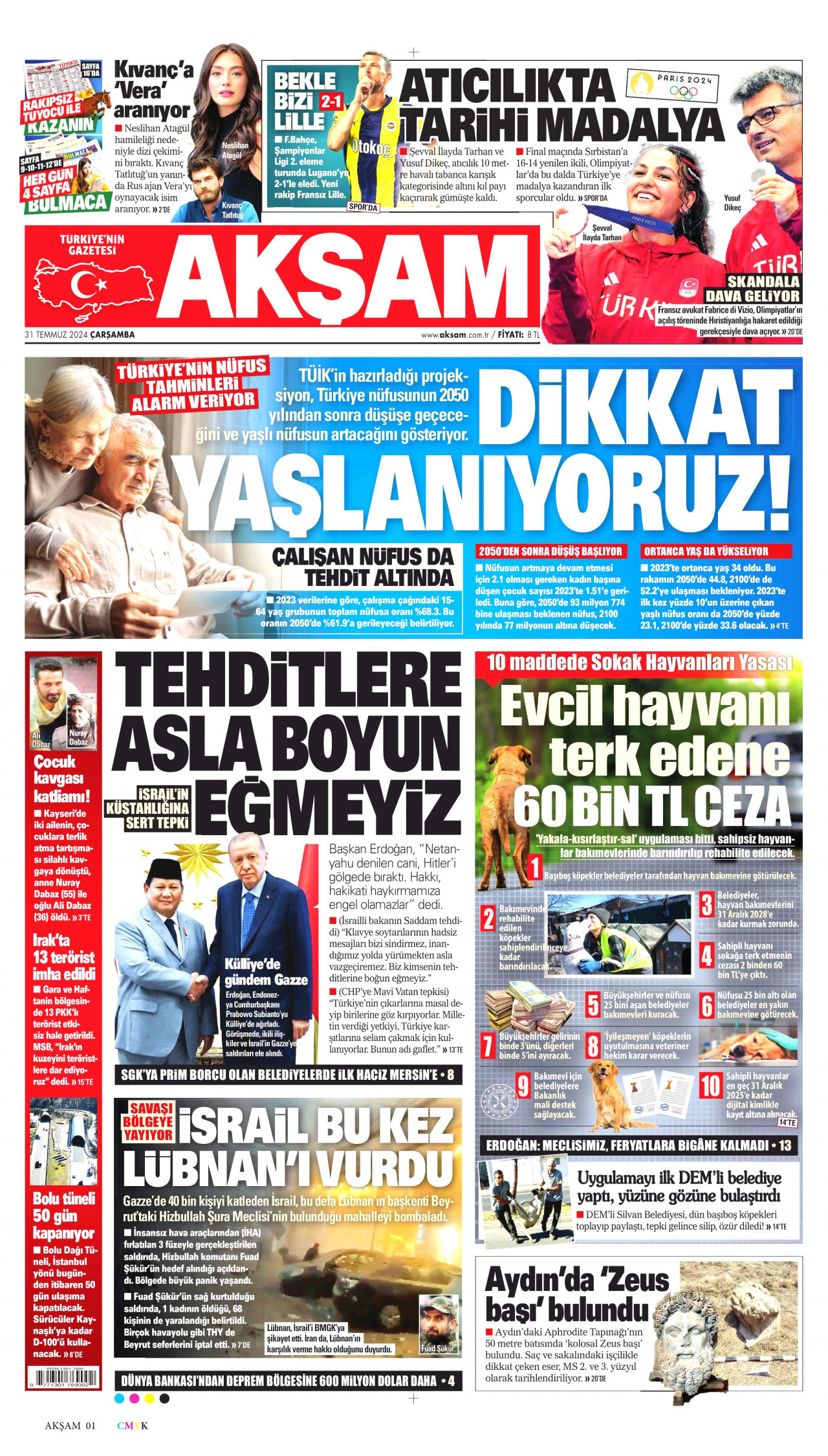 AKŞAM gazetesinin 31 Temmuz 2024 tarihli birinci sayfası