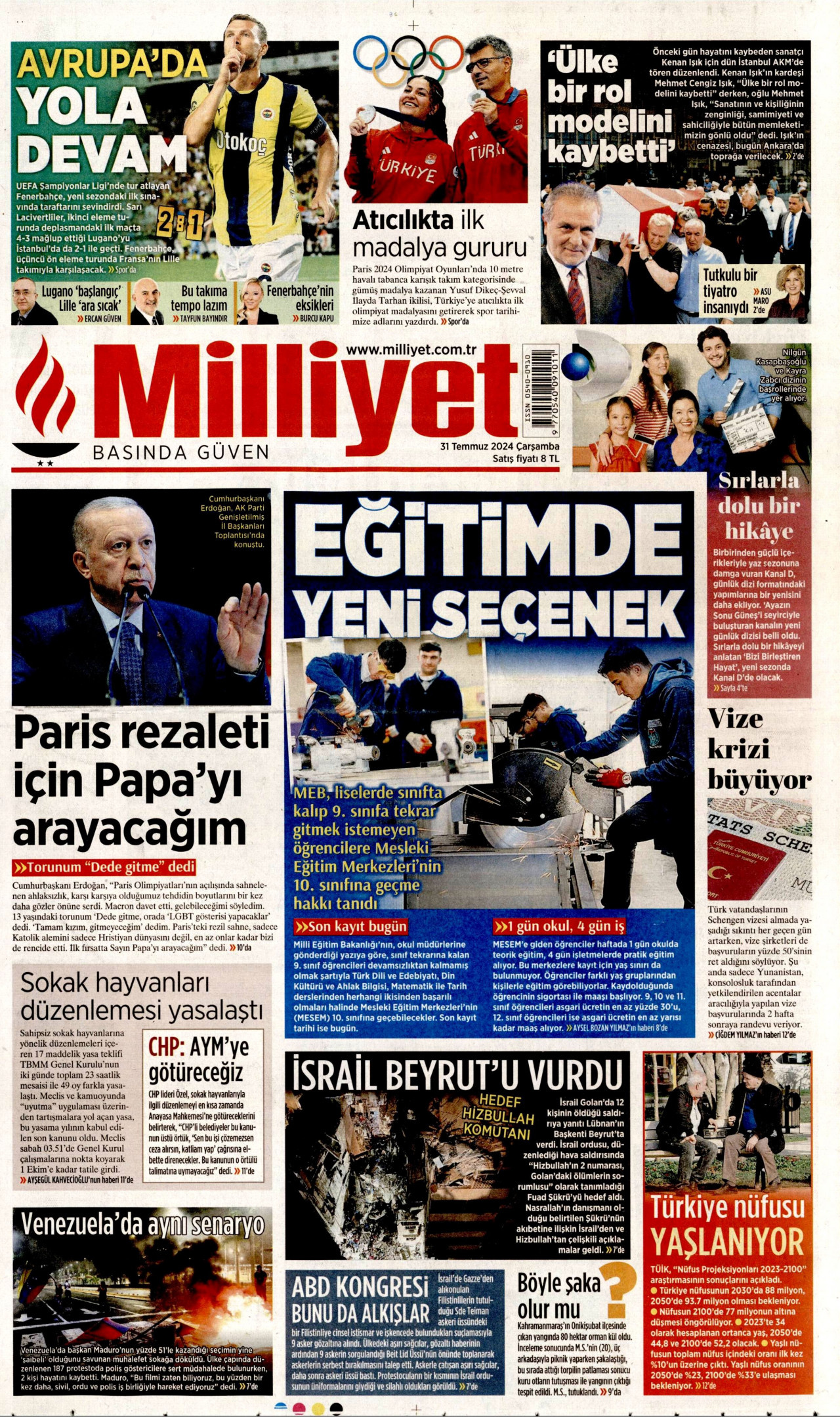 MİLLİYET gazetesinin 31 Temmuz 2024 tarihli birinci sayfası
