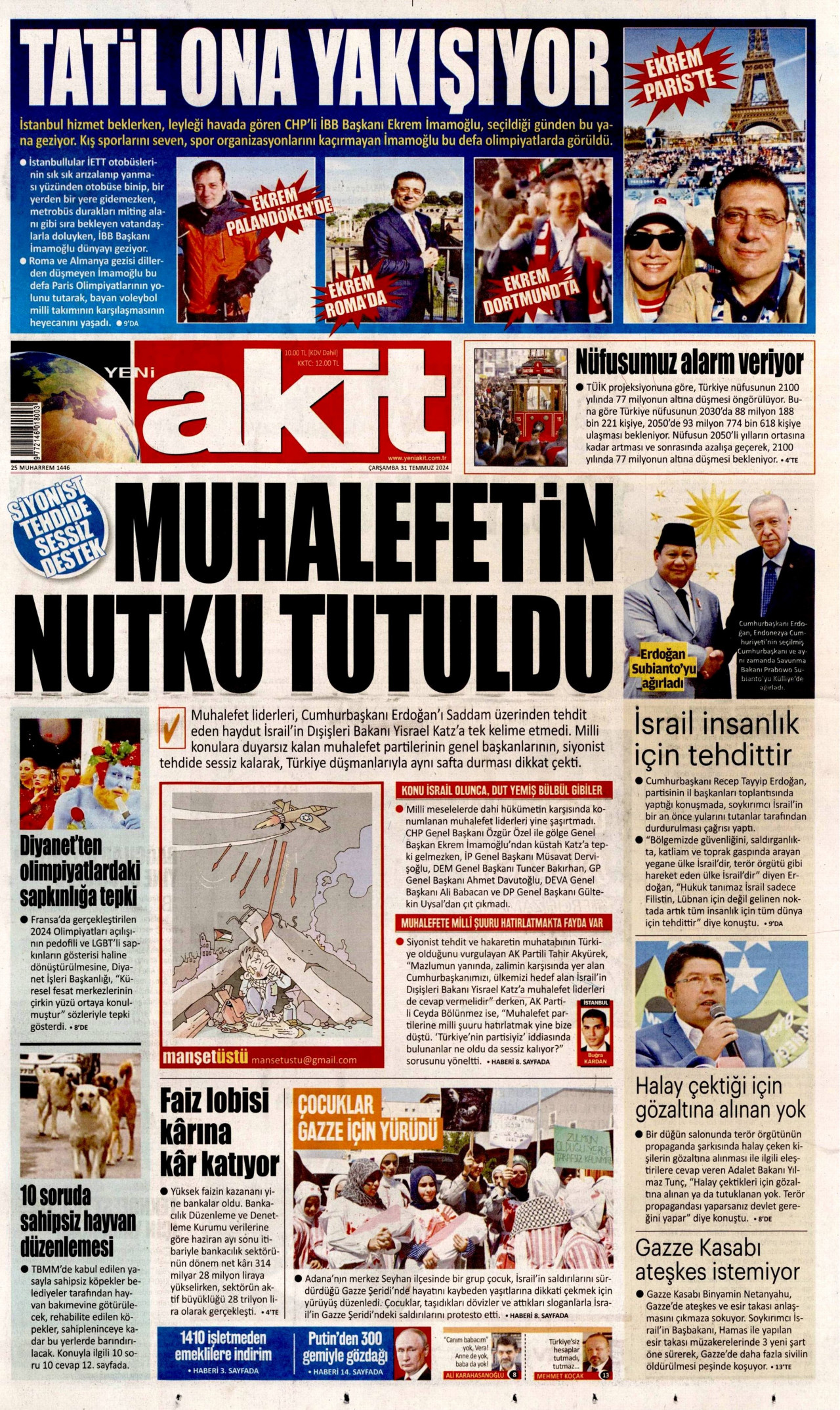 YENİ AKİT gazetesinin 31 Temmuz 2024 tarihli birinci sayfası