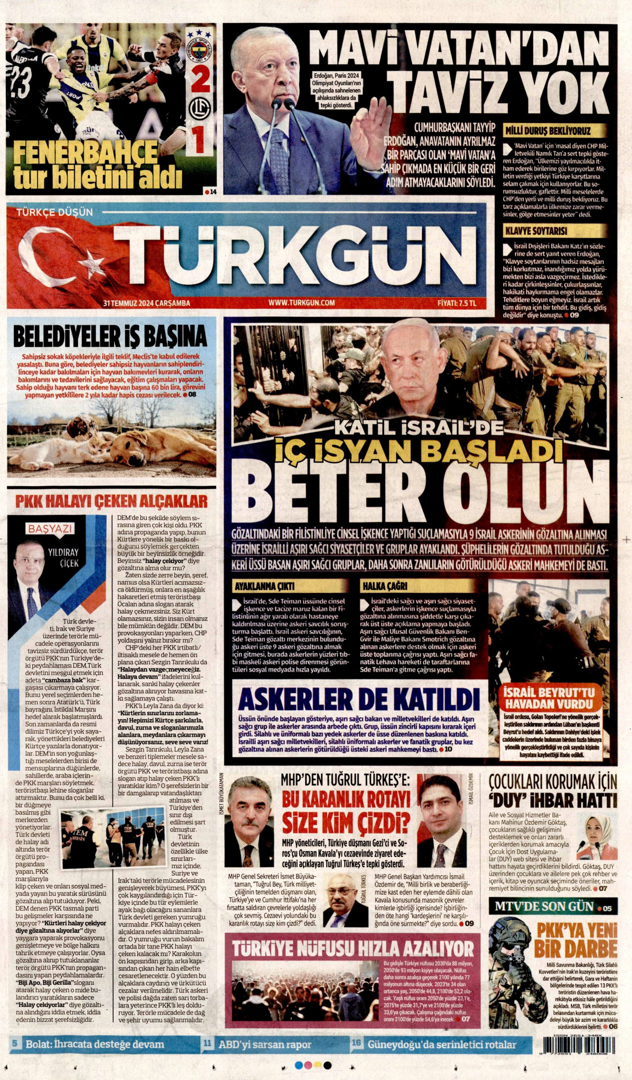 TÜRKGÜN gazetesinin 31 Temmuz 2024 tarihli birinci sayfası