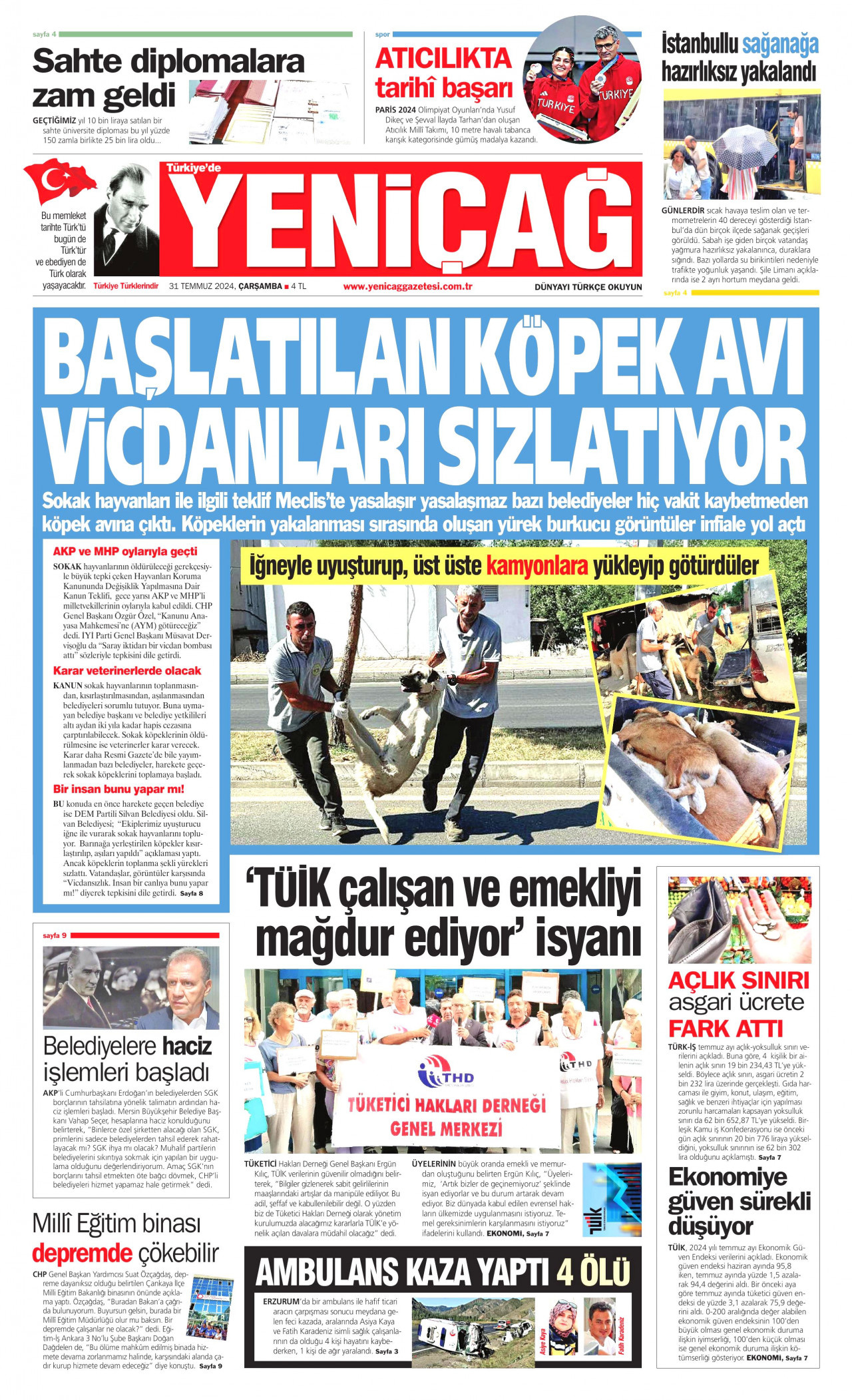 YENİÇAĞ gazetesinin 31 Temmuz 2024 tarihli birinci sayfası