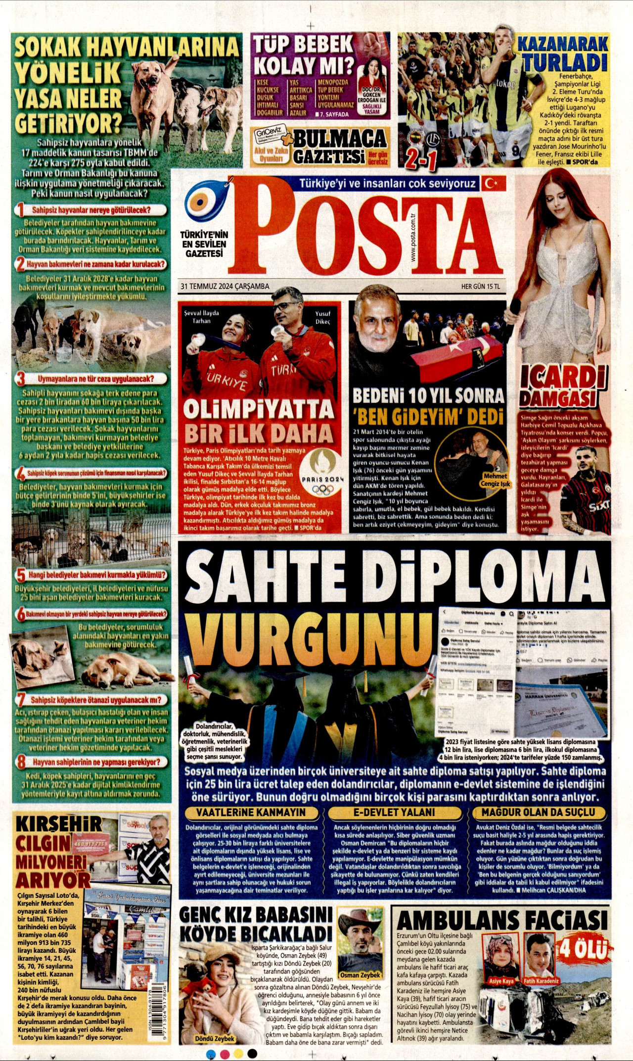 POSTA gazetesinin 31 Temmuz 2024 tarihli birinci sayfası
