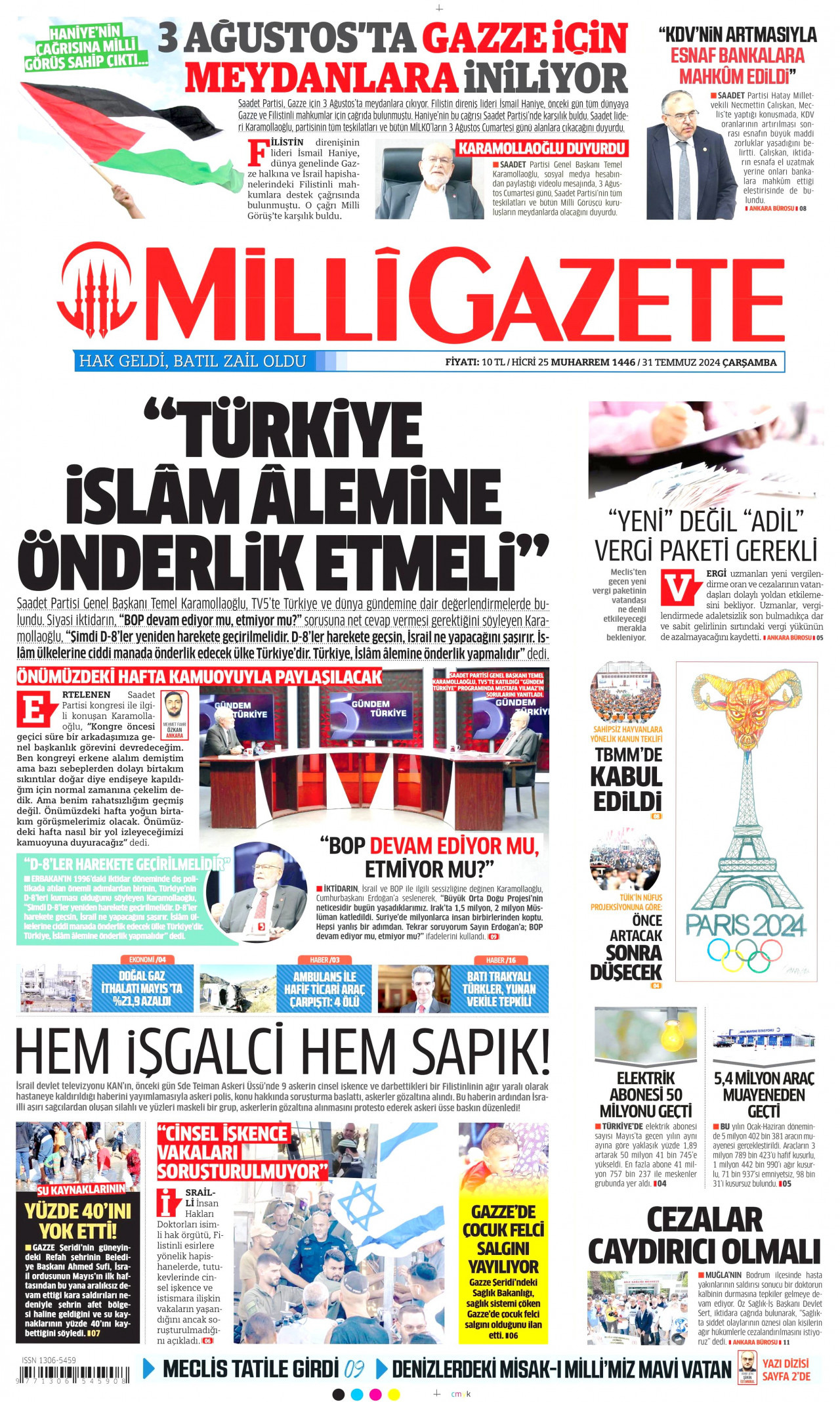 MİLLİ GAZETE gazetesinin 31 Temmuz 2024 tarihli birinci sayfası