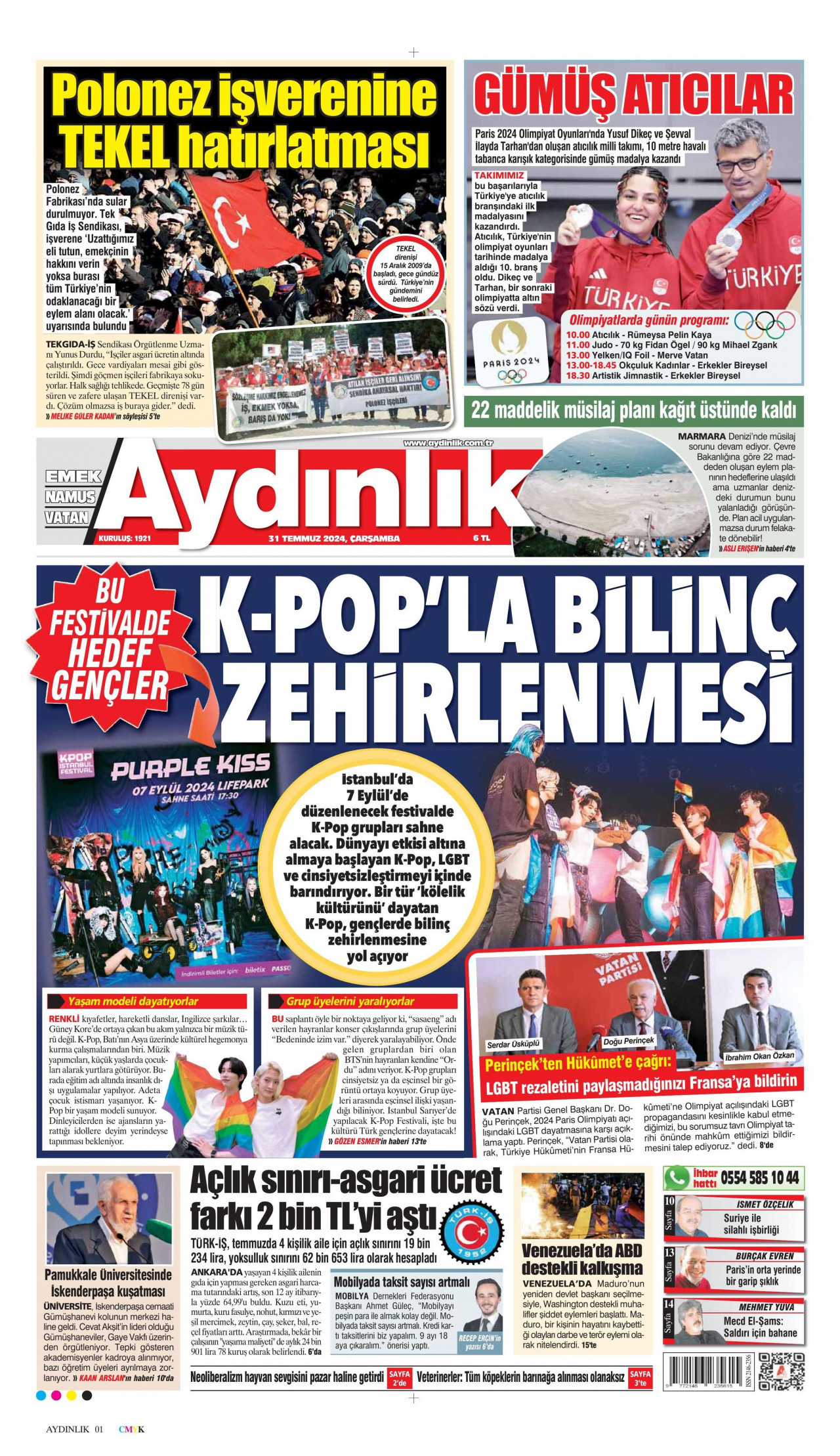 AYDINLIK GAZETESİ gazetesinin 31 Temmuz 2024 tarihli birinci sayfası