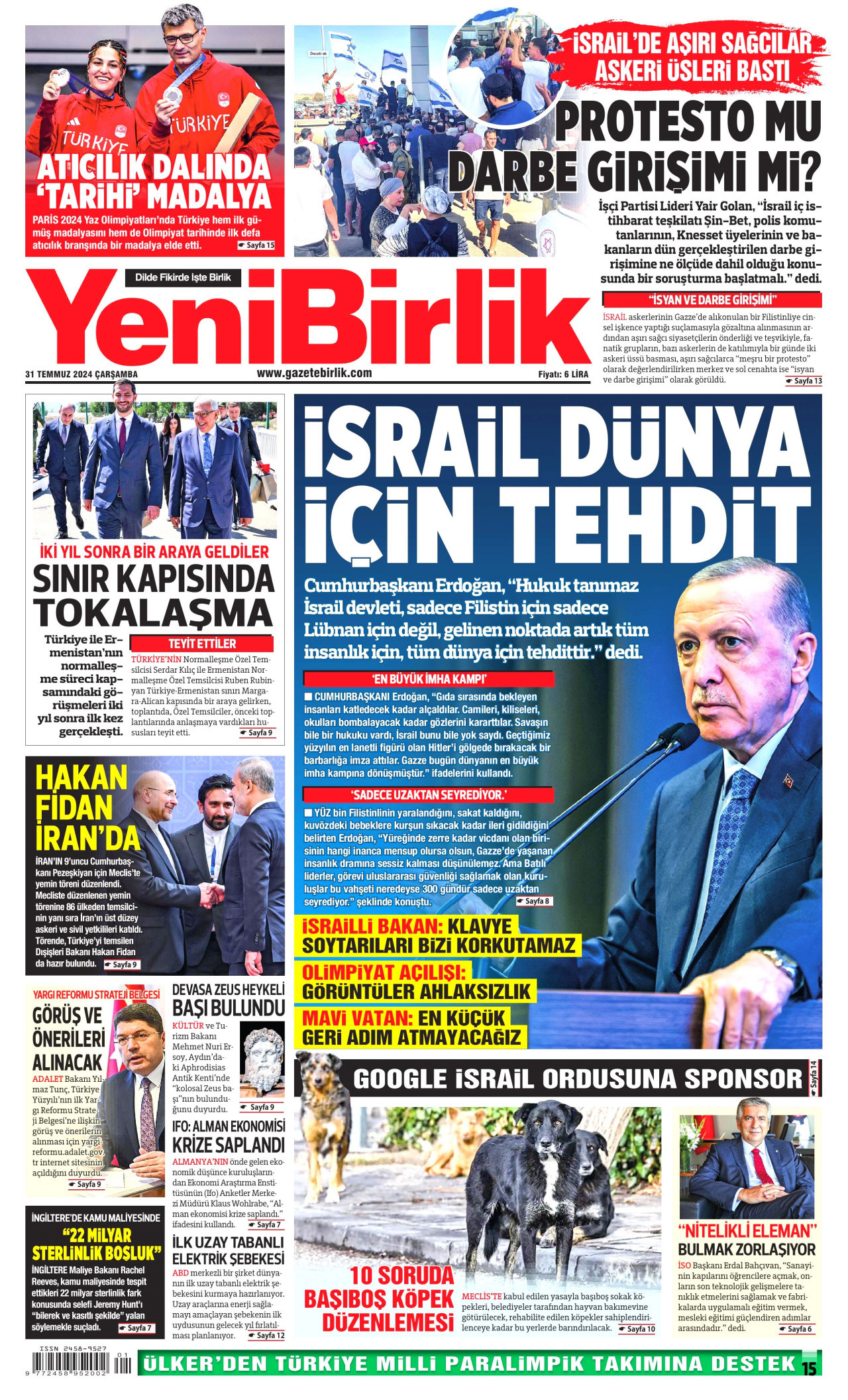 YENİBİRLİK gazetesinin 31 Temmuz 2024 tarihli birinci sayfası